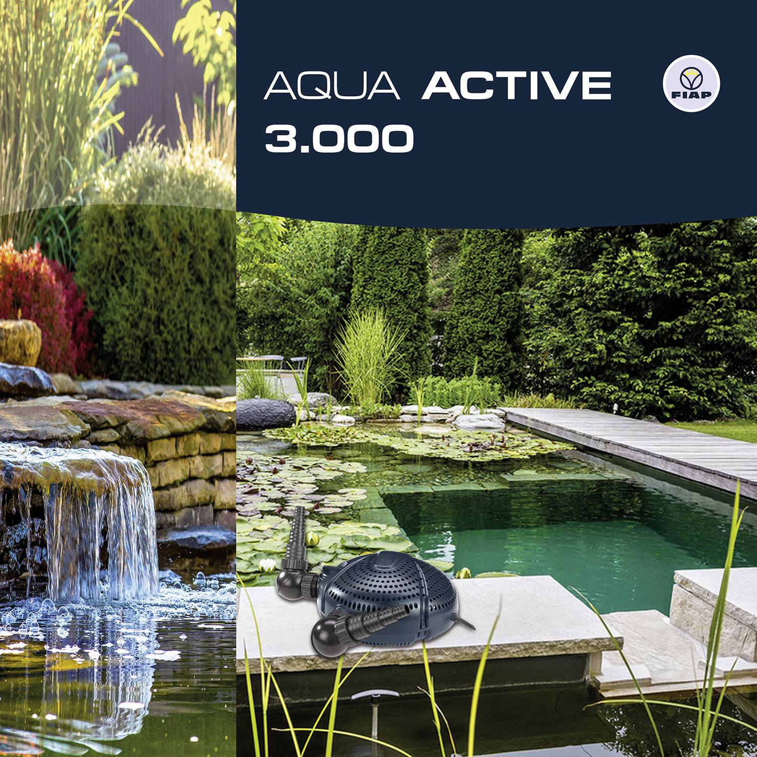 Ein Garten mit Wasserfall und Teich, beworbenes Produkt 'Aqua Active 3.000' von FIAP in der unteren rechten Ecke dargestellt.