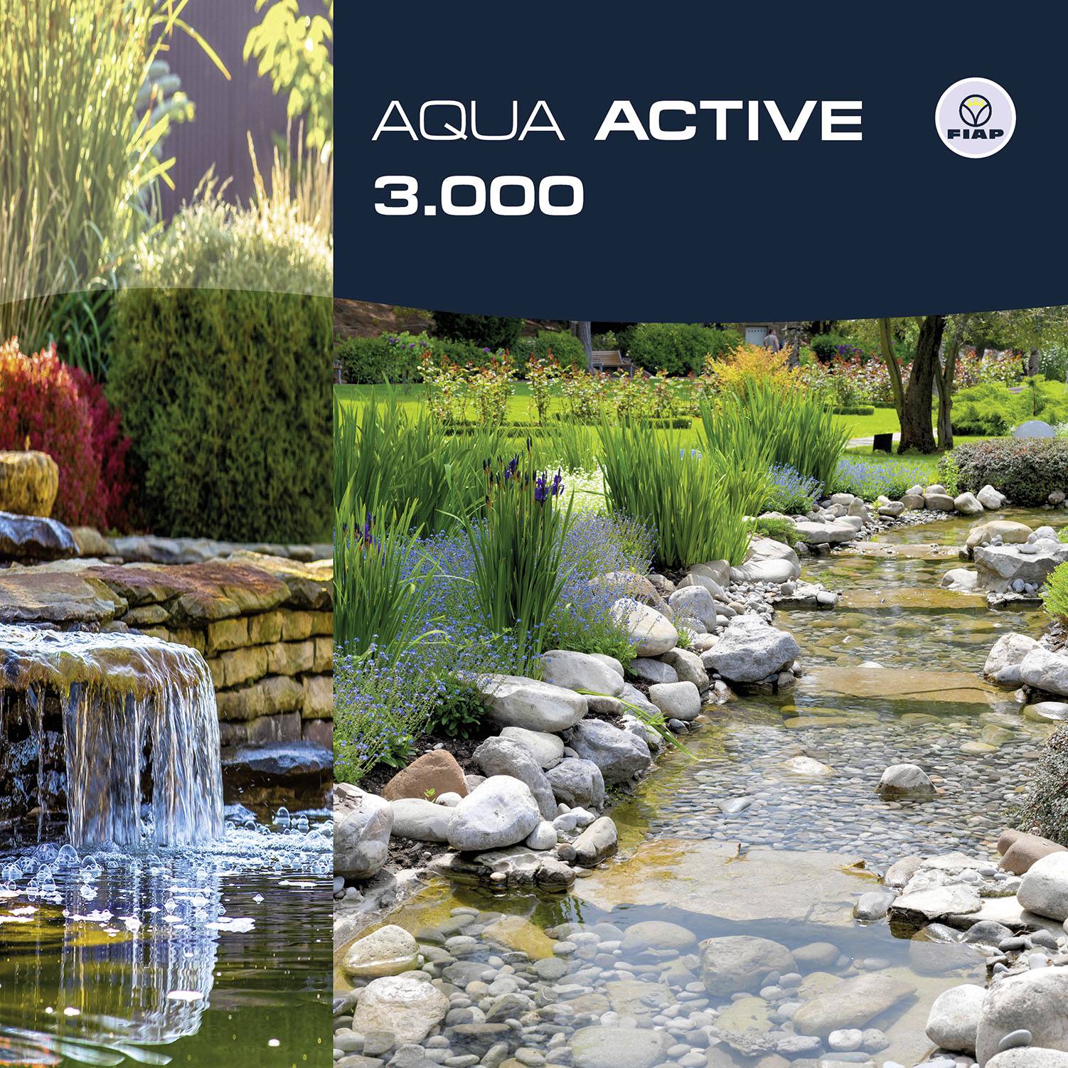 Eine bunte Werbegrafik zeigt einen fließenden Bach in einem Garten mit grünen Pflanzen und Steinen. Oben steht der Text 'AQUA ACTIVE 3.000'.