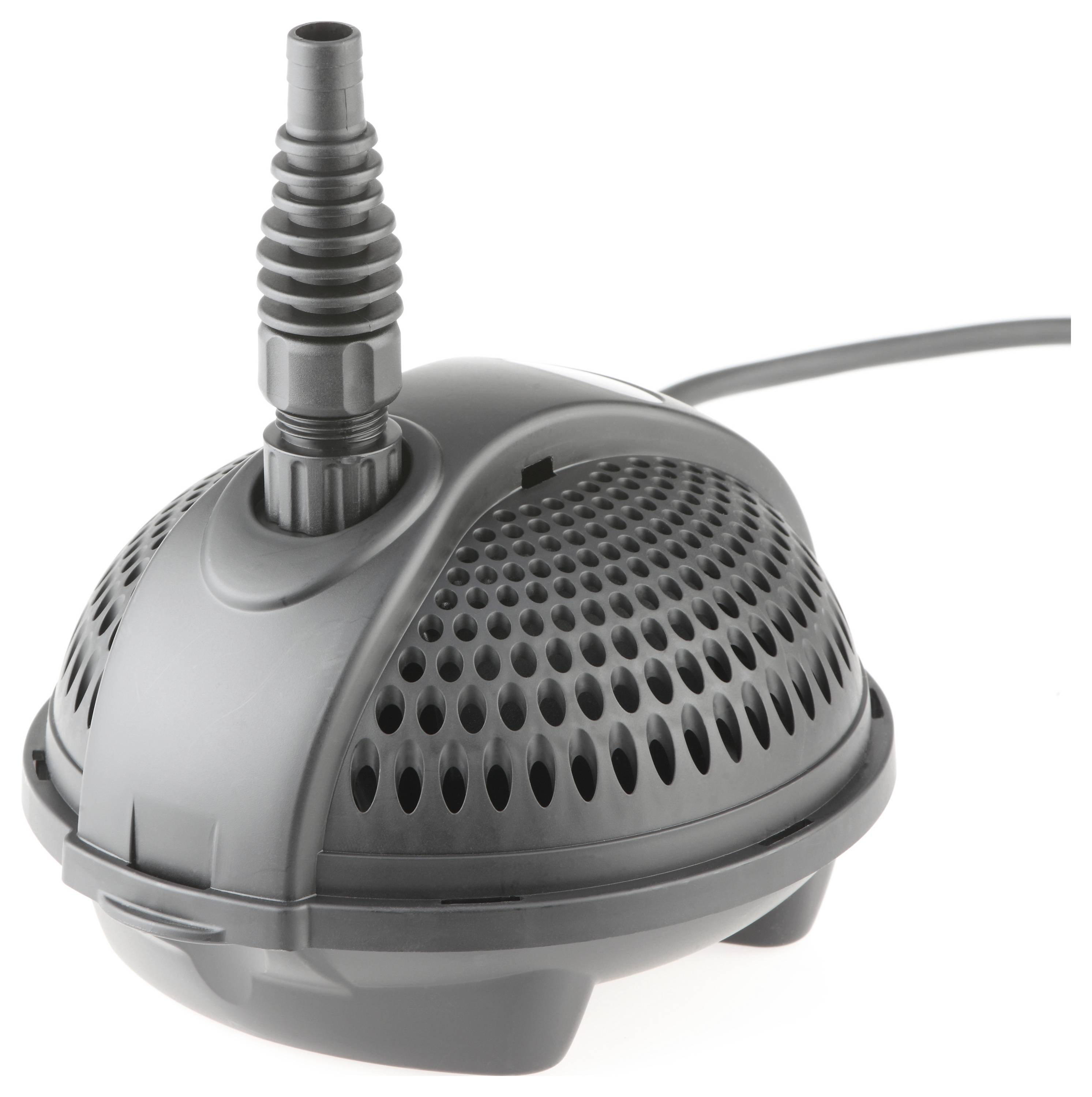 Eine schwarze, kuppelförmige Wasserpumpe mit geripptem Auslauf und Netzkabel, konzipiert für Teiche oder Wasserspiele, mit sichtbarem, netzbedecktem Ansaugstutzen.