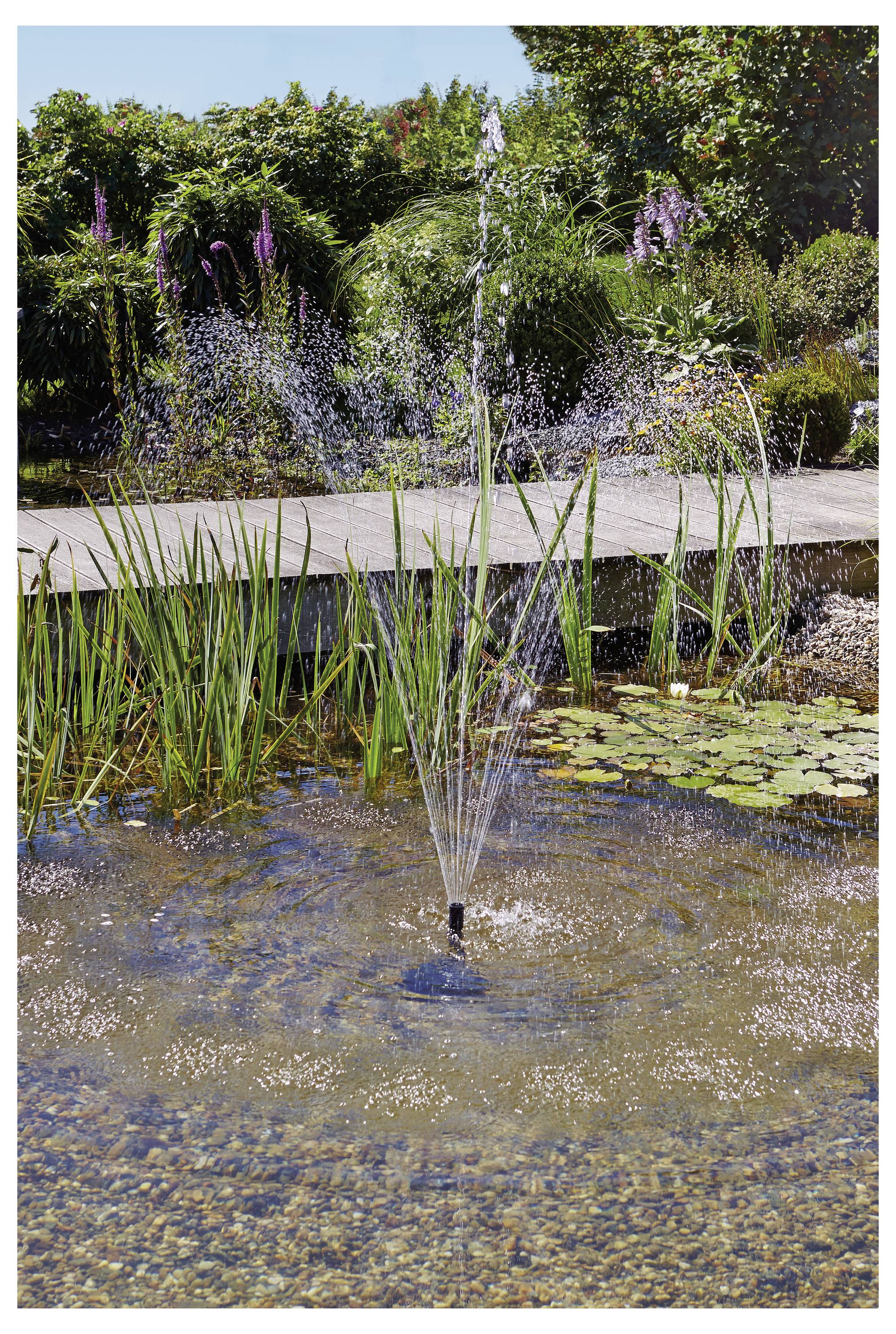Ein kleiner Wasserbrunnen spritzt in einem Teich, umgeben von grünen Pflanzen und lila Blumen, mit einem Steinweg und üppigen Bäumen im Hintergrund.