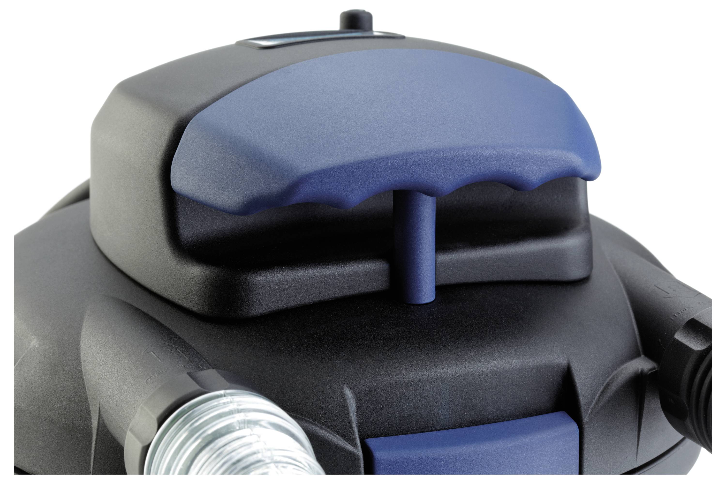 Eine Nahaufnahme einer schwarzen Maschine mit einem blauen Griff oben, möglicherweise Teil eines Vakuum- oder Pumpensystems, die das Abluftdesign zeigt.