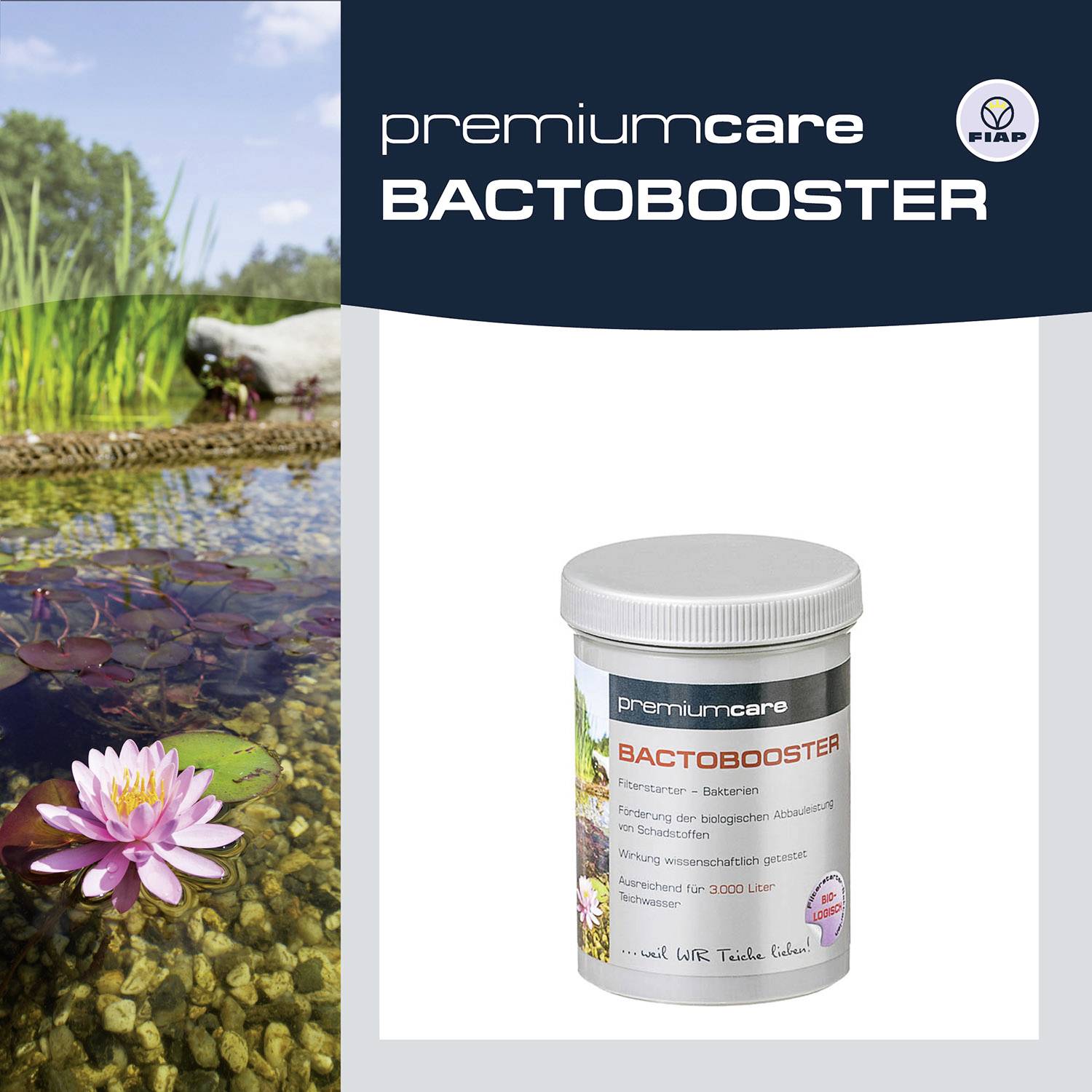 Dose mit 'Bactobooster' von FIAP neben einem Teich mit Seerosen. Produkt zur Verbesserung der Wasserqualität und Algenkontrolle.