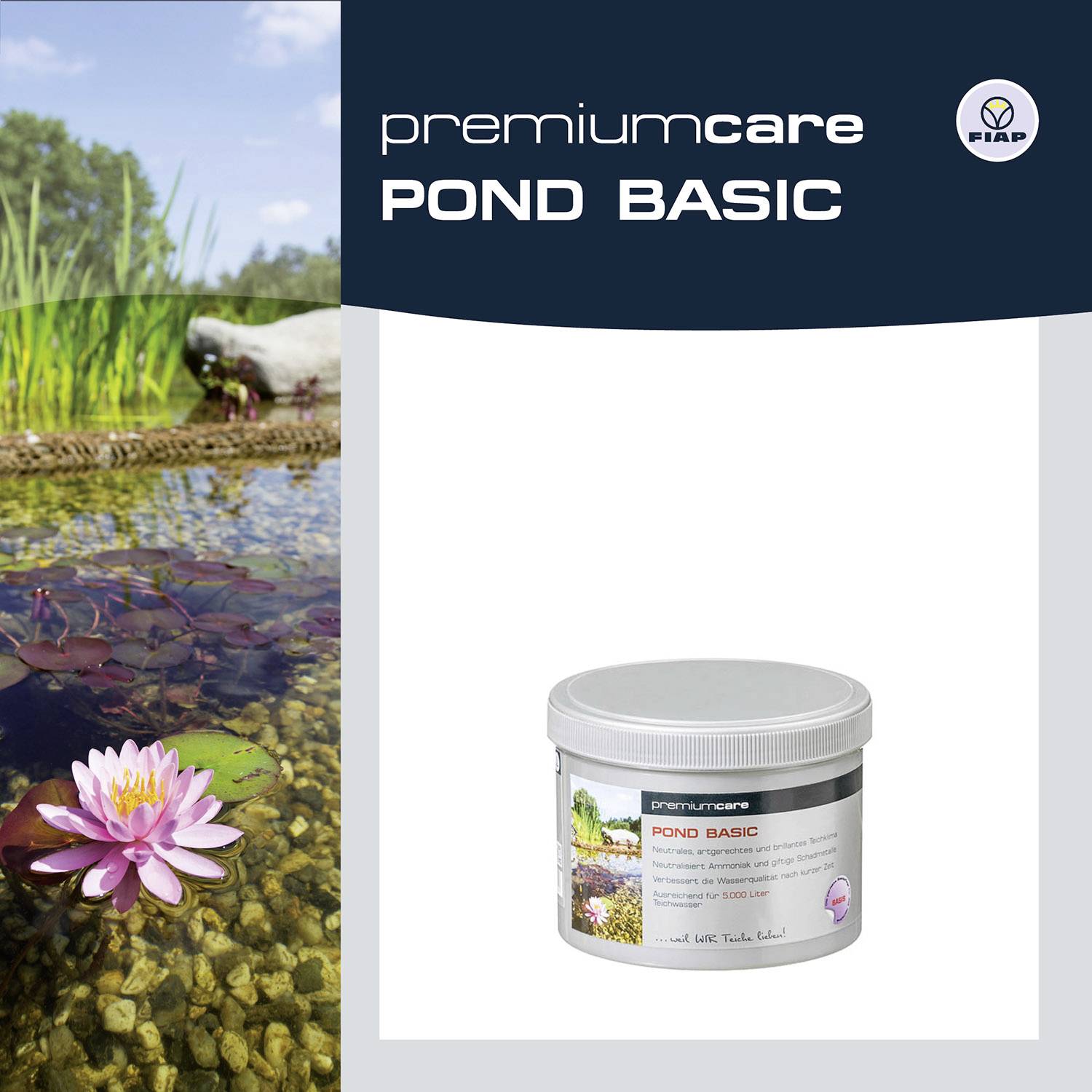 'Pond Basic' Teichpflegeprodukt-Verpackung von Fiap mit Bild einer blühenden Seerose in einem klaren Teich.