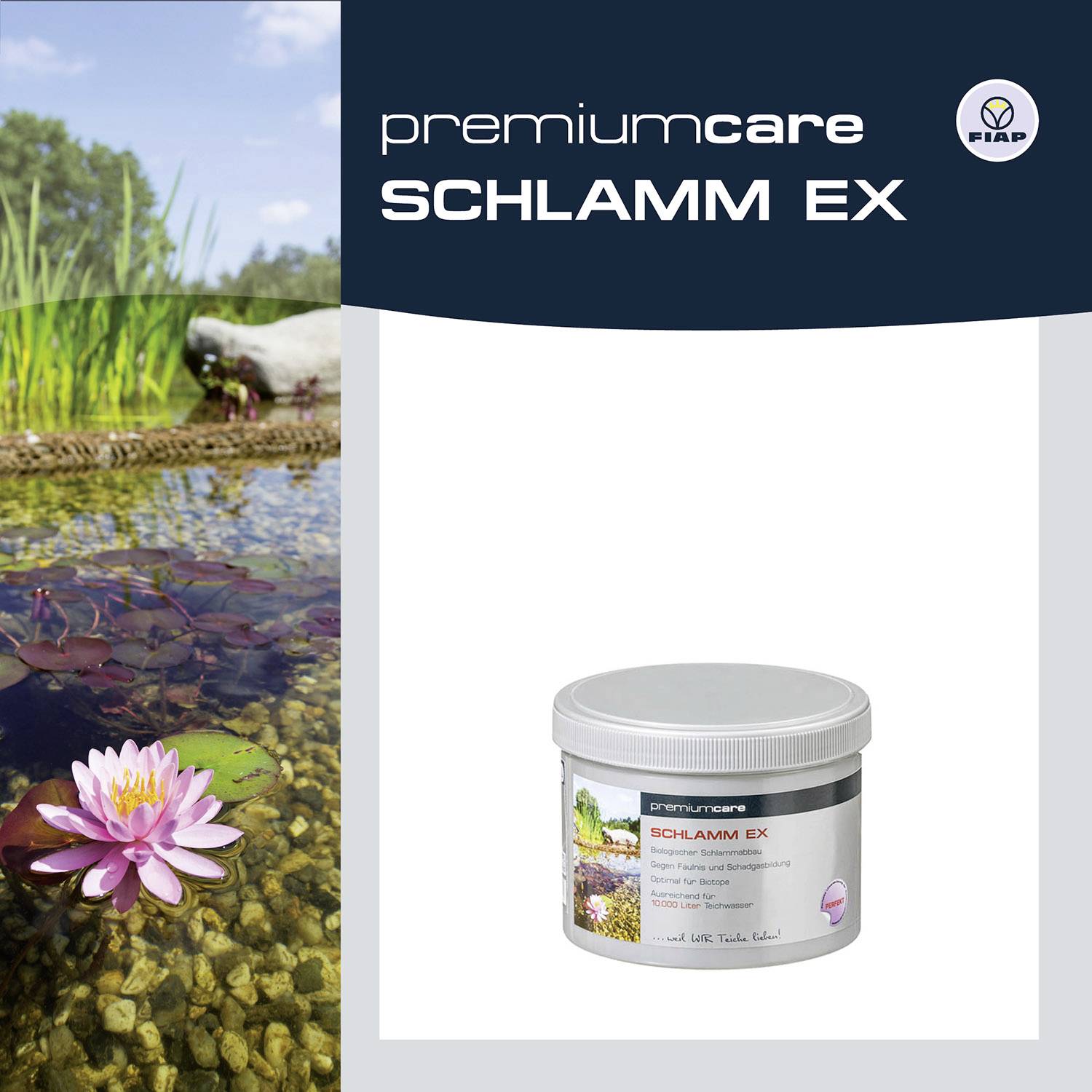 Produktbild zeigt 'Schlamm EX': Plastikdose mit Teichbild. Links im Bild Teichszene mit Seerose und Schilf unter blauem Himmel.