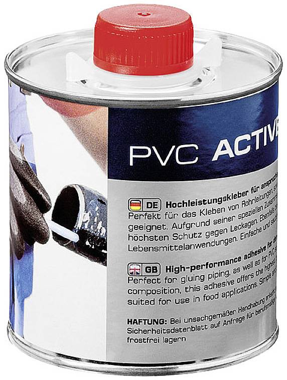 Metalldose mit rotem Deckel, Etikett mit der Aufschrift 'PVC Active'. Enthält einen Hochleistungskleber, geeignet für Rohrverbindungen.
