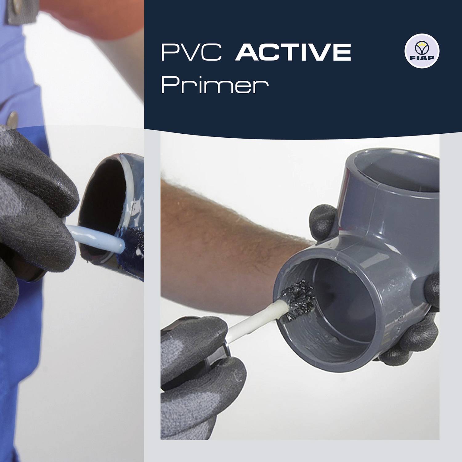 Person mit Handschuhen trägt PVC Primer auf ein Rohr auf. Text 'PVC ACTIVE Primer' und ein Logo sind sichtbar.