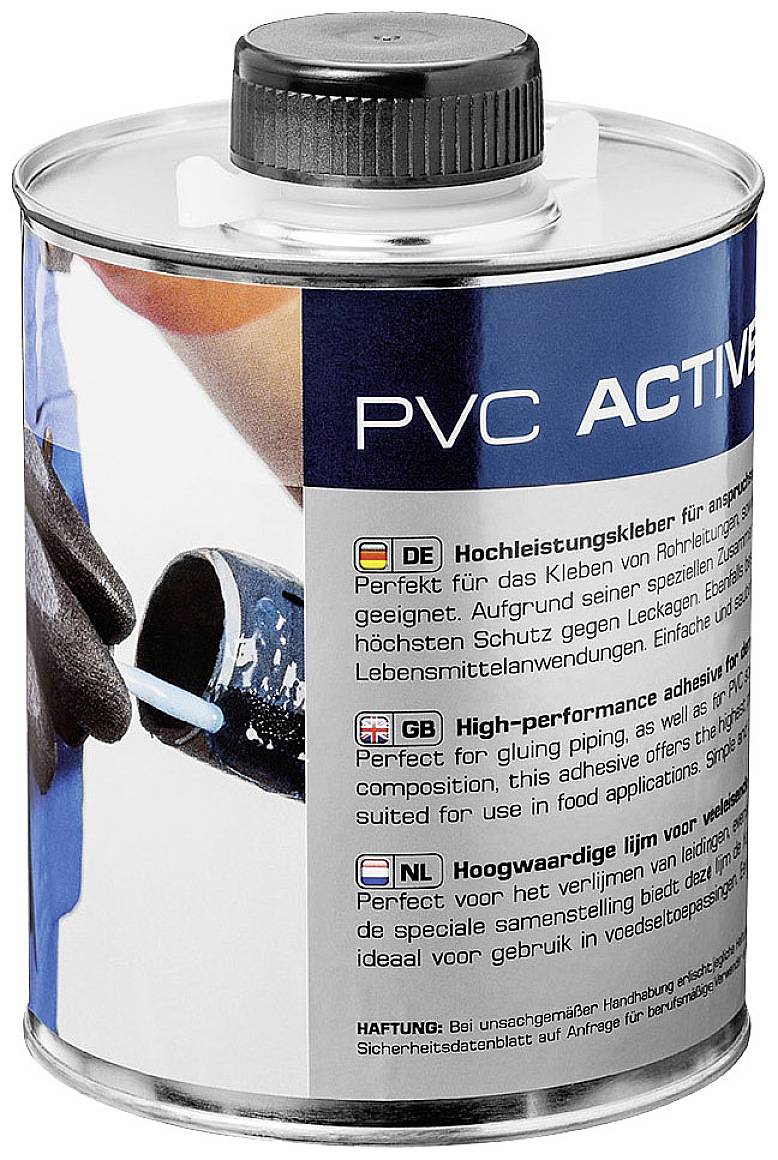 'PVC Aktivator' Dose mit Schraubverschluss. Hinweise zur Anwendung in Deutsch, Englisch und Niederländisch. Produkt zur Klebevorbereitung.