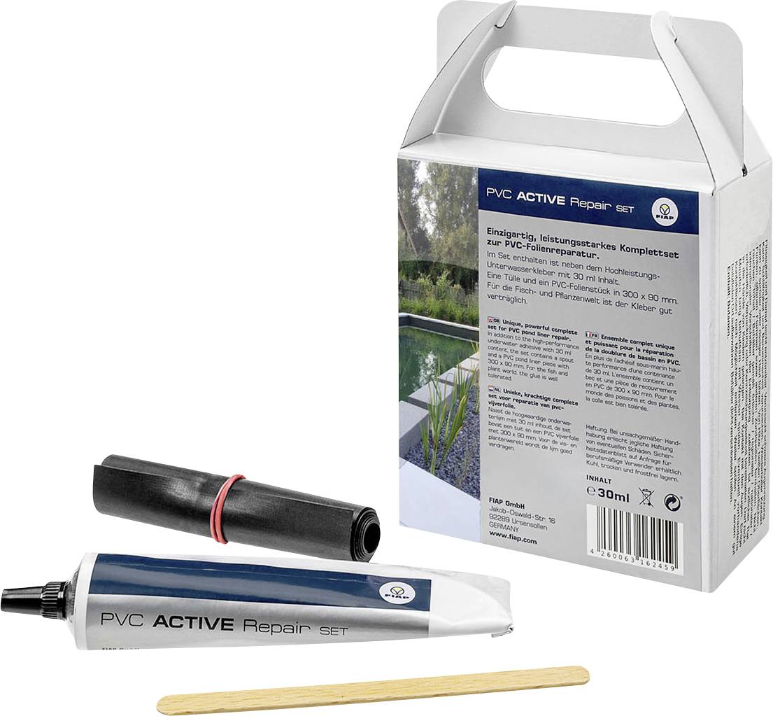 'PVC Aktiv Reparatur-Set' zur schnellen Reparatur kleiner PVC-Schäden; enthält eine 30ml Klebstoffröhre, Gummipatch und Auftragsstab.