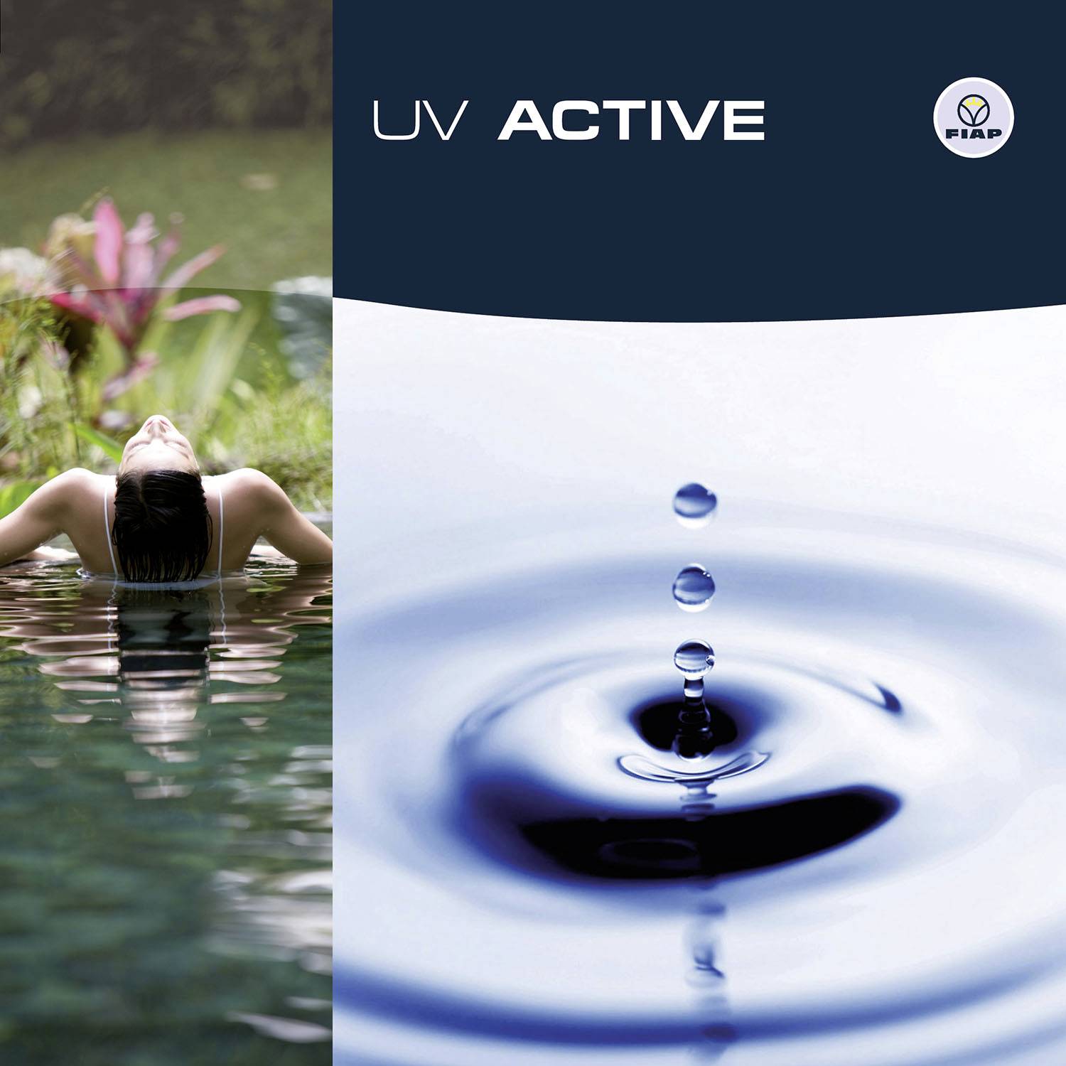 'UV ACTIVE' steht oben. Links entspannt sich jemand im Wasser. Rechts: Wassertröpfchen fallen auf eine ruhige Wasseroberfläche.