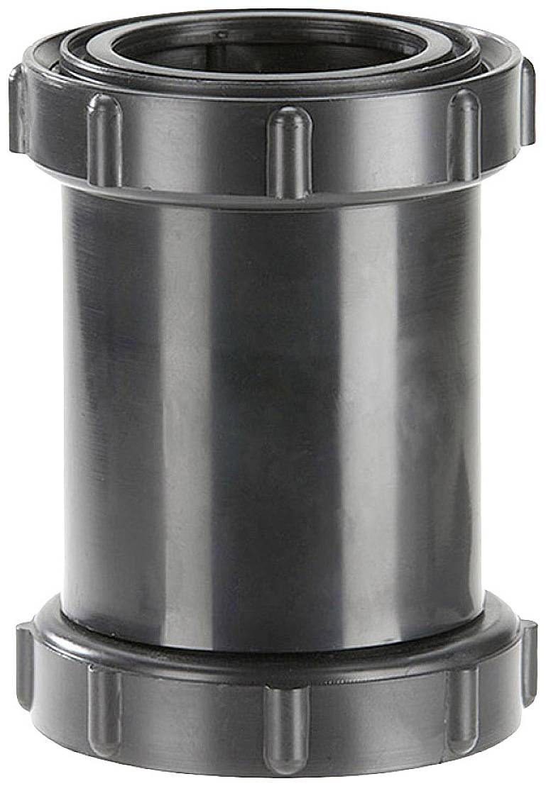 Ein schwarzes Rohrverbindungselement aus Kunststoff mit Schraubgewinde an beiden Enden für die Verbindung von Rohren in Sanitäranlagen.