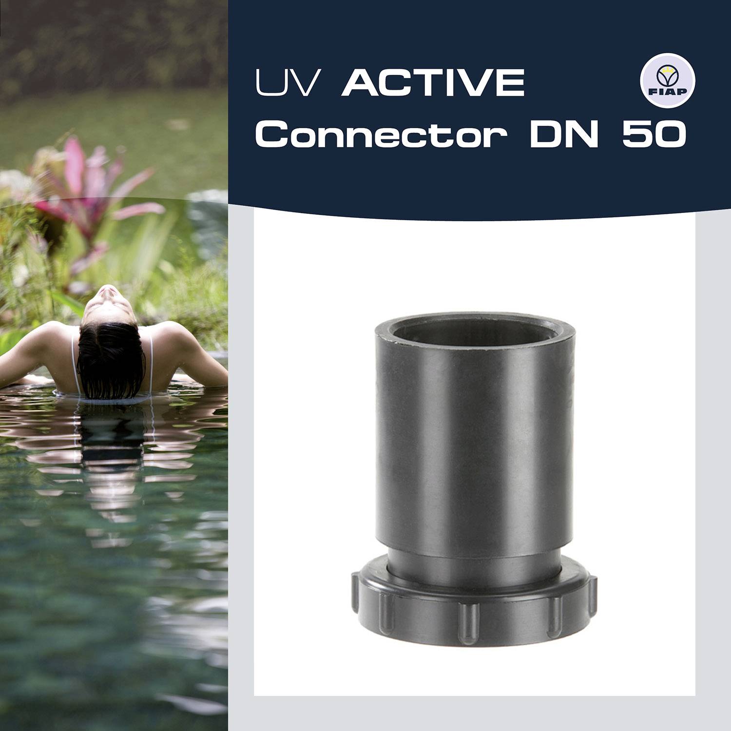 'UV ACTIVE Connector DN 50' wird gezeigt. Ein schwarzer Kunststoffanschluss in einem Katalog neben einem Bild einer Person im Wasser.
