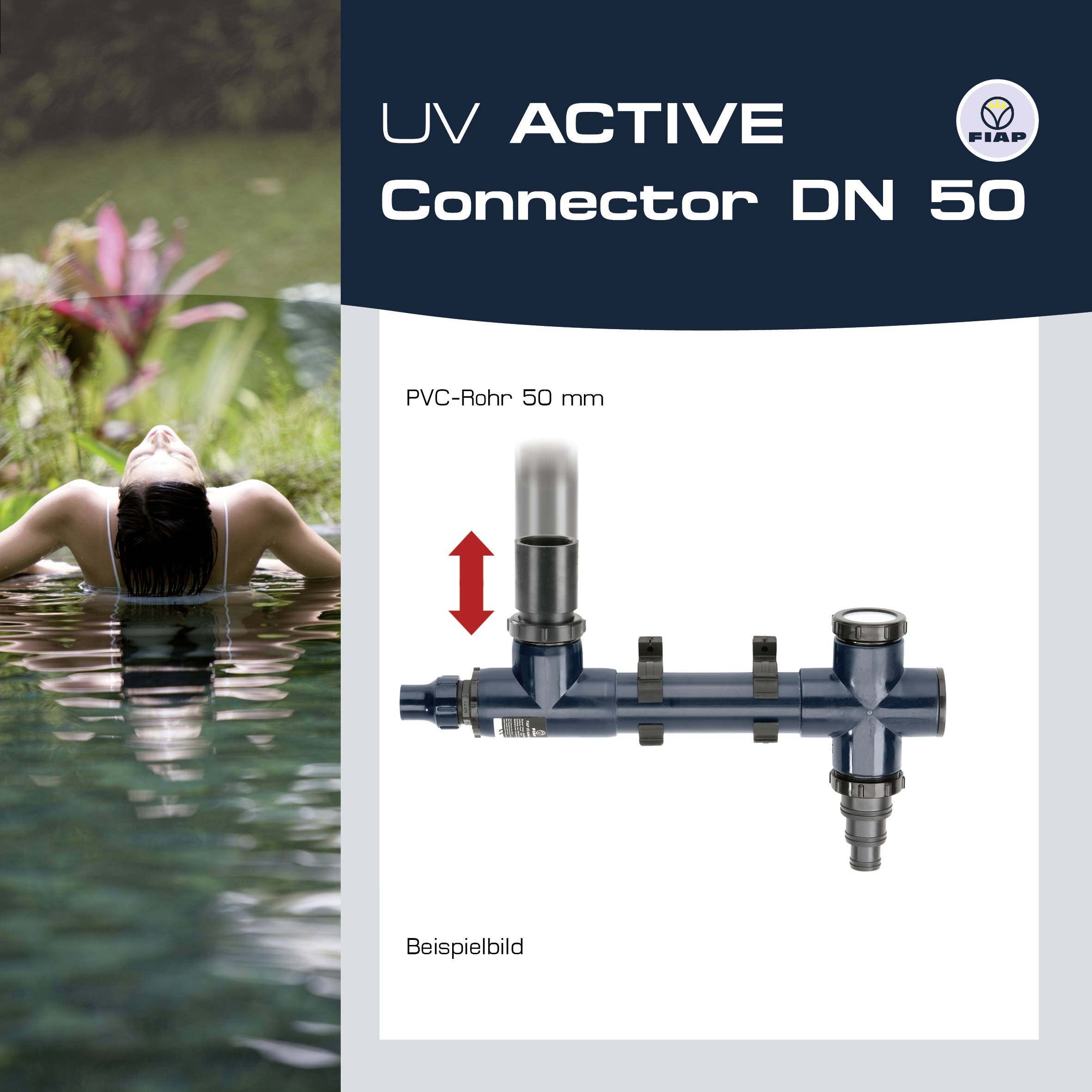 'UV ACTIVE Connector DN 50' zeigt ein PVC-Rohr mit Anschlüssen. Im Hintergrund liegt eine Person entspannt im Wasser. Beispielbild.