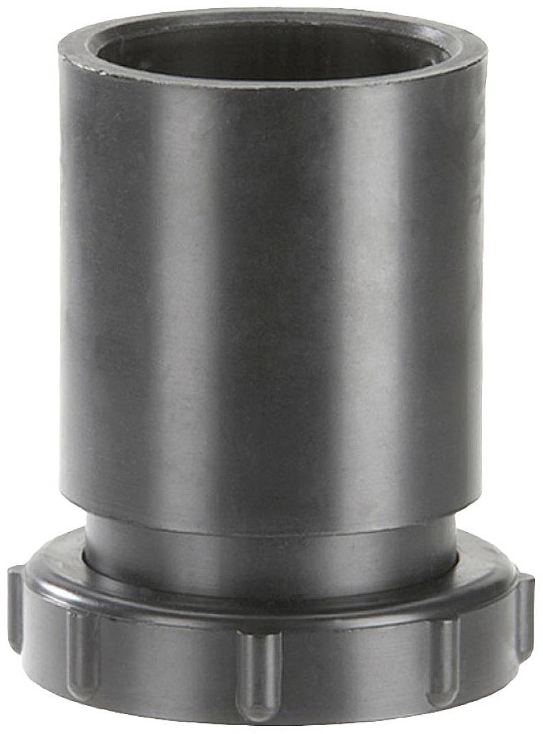 Schwarzes Kunststoffteil in zylindrischer Form mit breitem gezahntem Rand unten. Verwendet als Verbindungselement in Rohrsystemen.