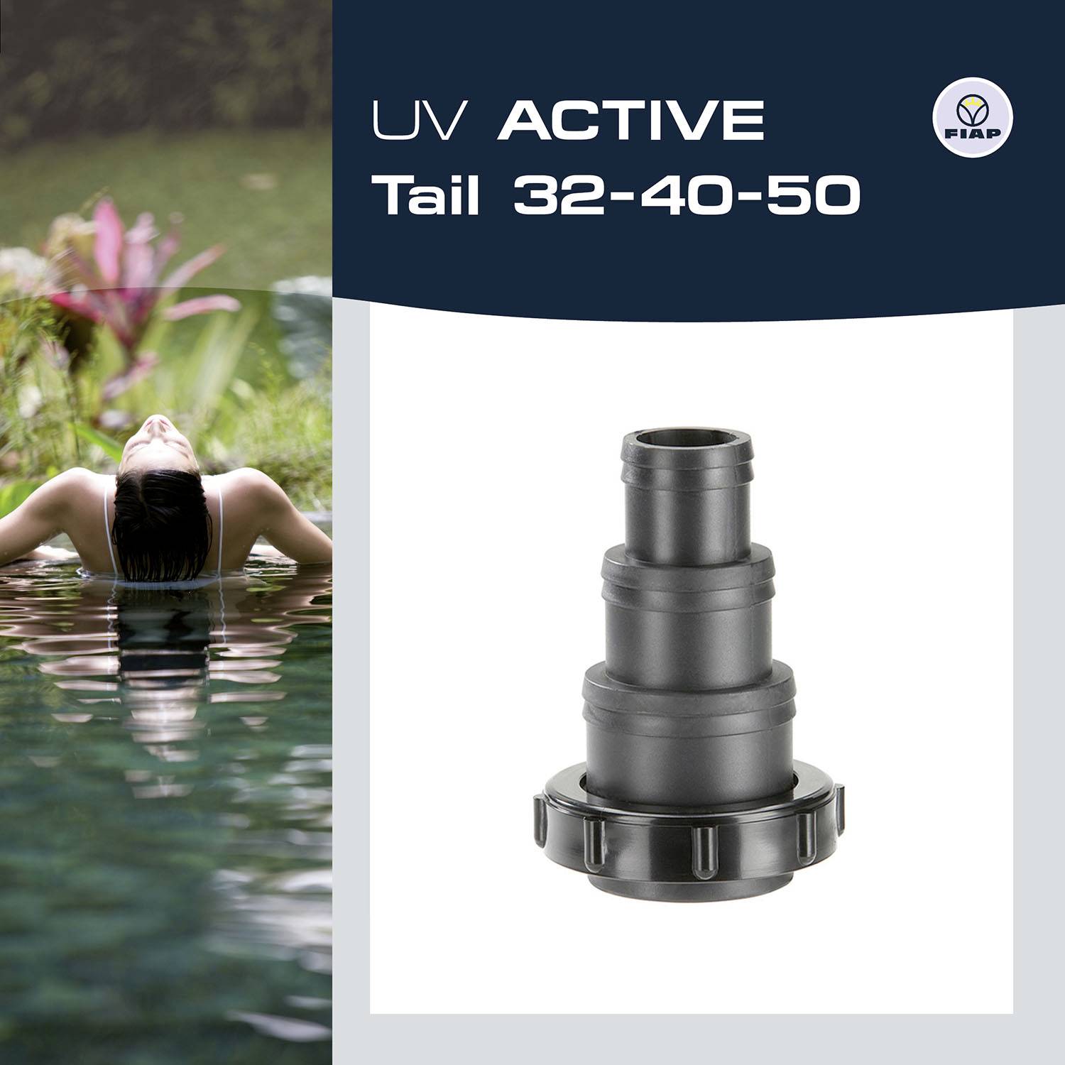 'UV Active Tail 32-40-50' steht prominent auf der Verpackung eines Poolzubehörs neben einem Bild, das Entspannung im Wasser zeigt.