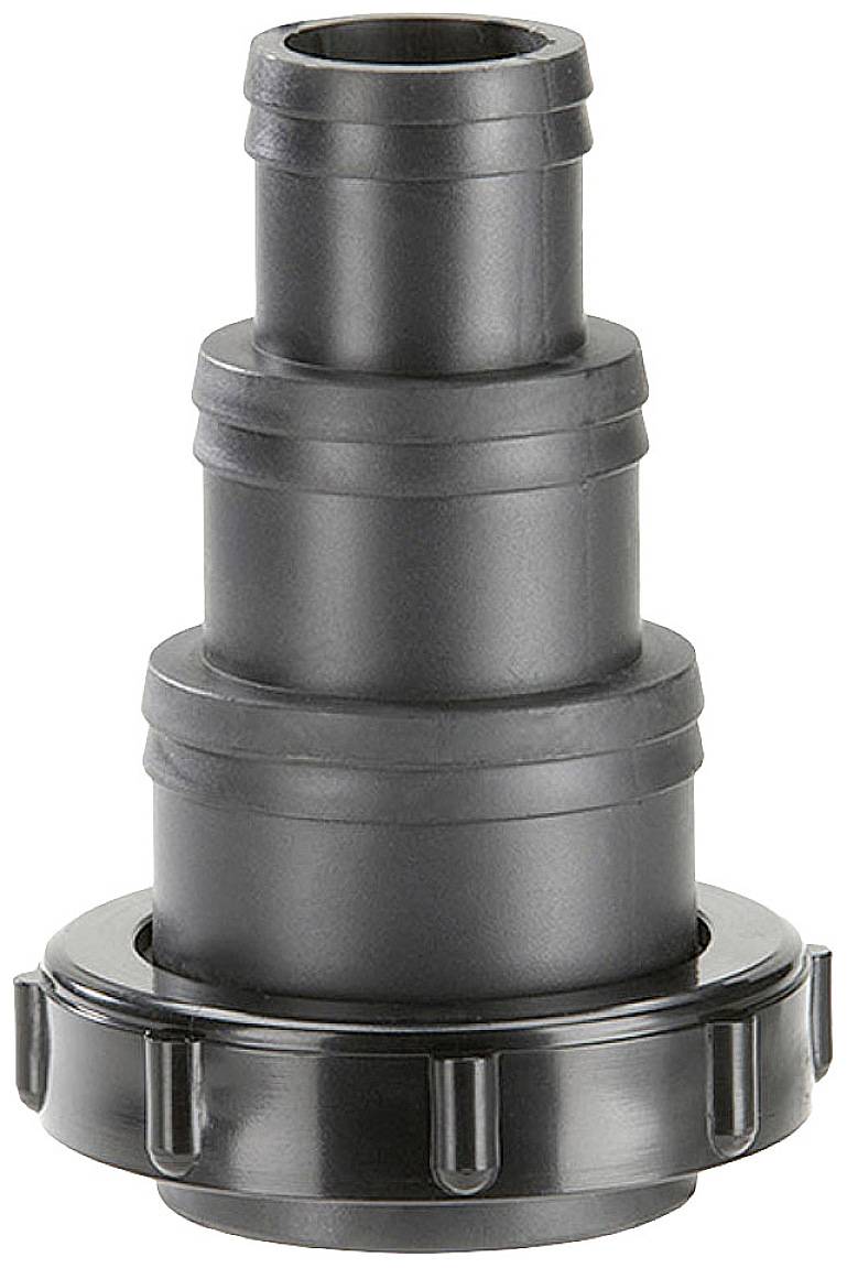 Schwarzer Kunststoff-Schlauchverbinder mit mehreren Stufen, entworfen für unterschiedliche Schlauchdurchmesser und eine Gewindekappe am Ende.