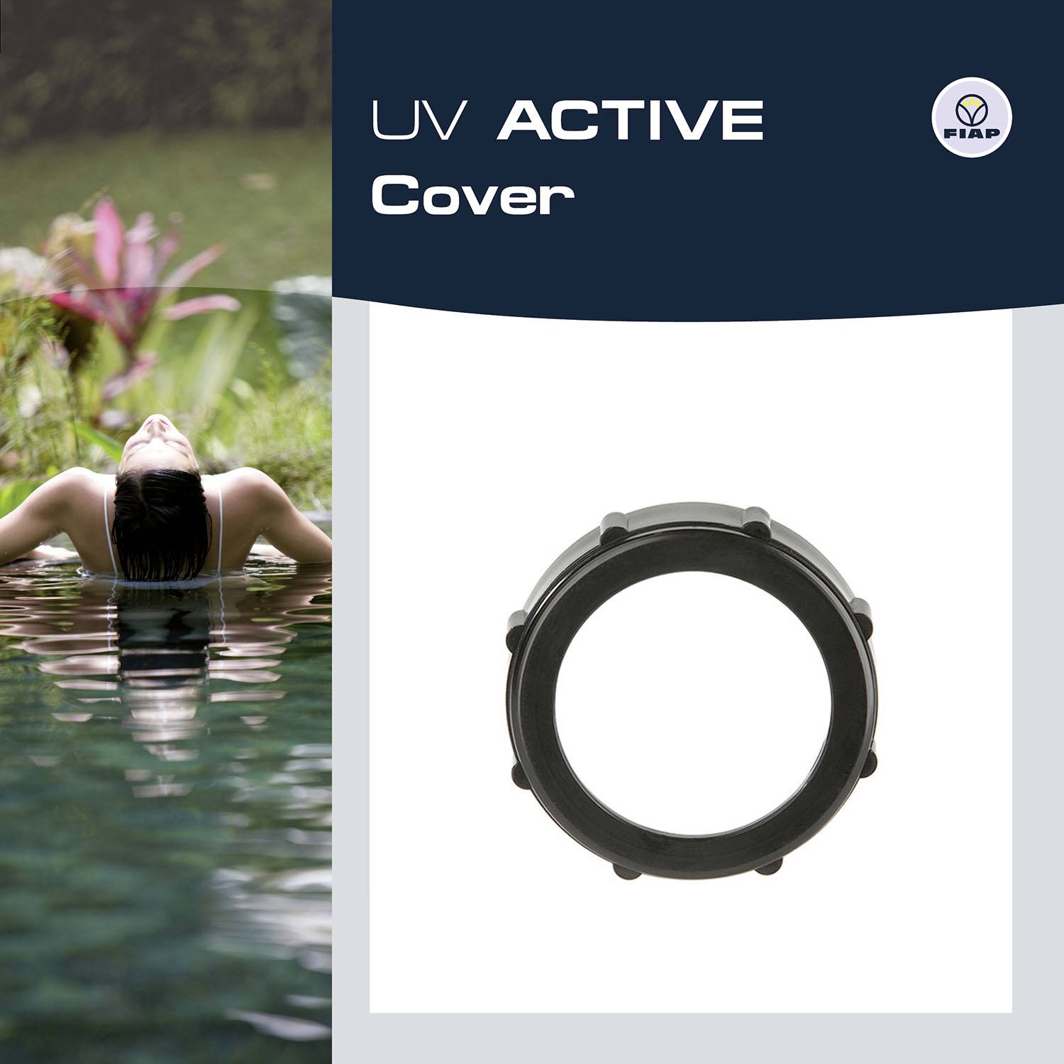 'UV ACTIVE Cover' Produktbild zeigt einen kreisförmigen schwarzen Rahmen und eine Person, die im Wasser treibt. Links Blumen im Hintergrund.