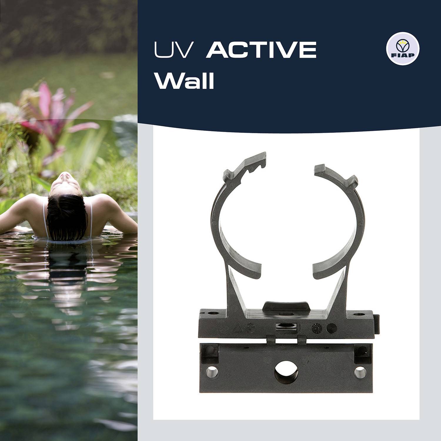 Ein Gerät zur Befestigung an der Wand, mit Fokus auf UV-Technologie. Im Hintergrund entspannt sich eine Person am Pool.