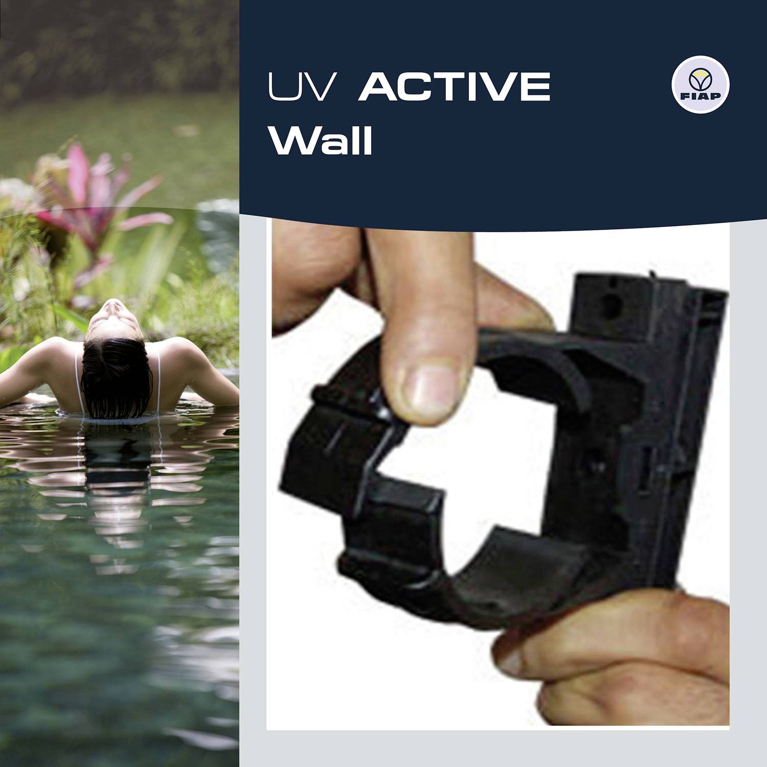 Zwei Bilder: Links eine Person entspannt sich im Wasser mit Blumen im Hintergrund. Rechts eine Hand hält ein schwarzes Kunststoffteil.