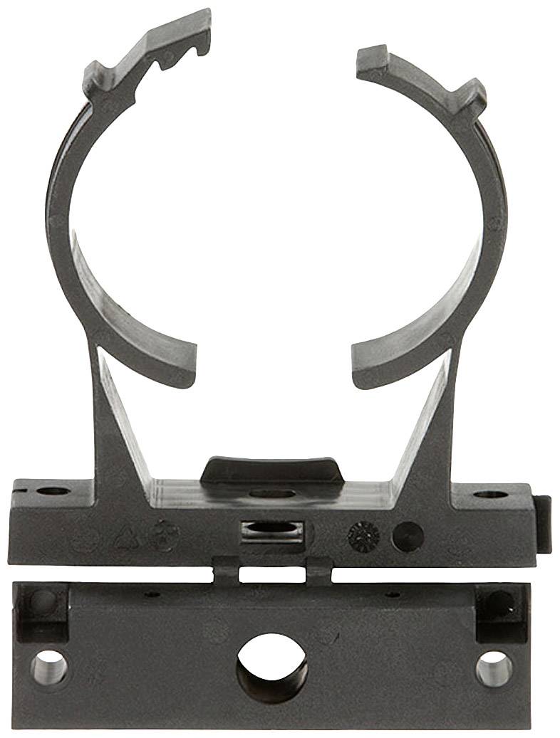 Kunststoffhalterung für Rohre, zeigt eine offene Klemme auf einer Basis. Geeignet für die Montage von zylindrischen Objekten.