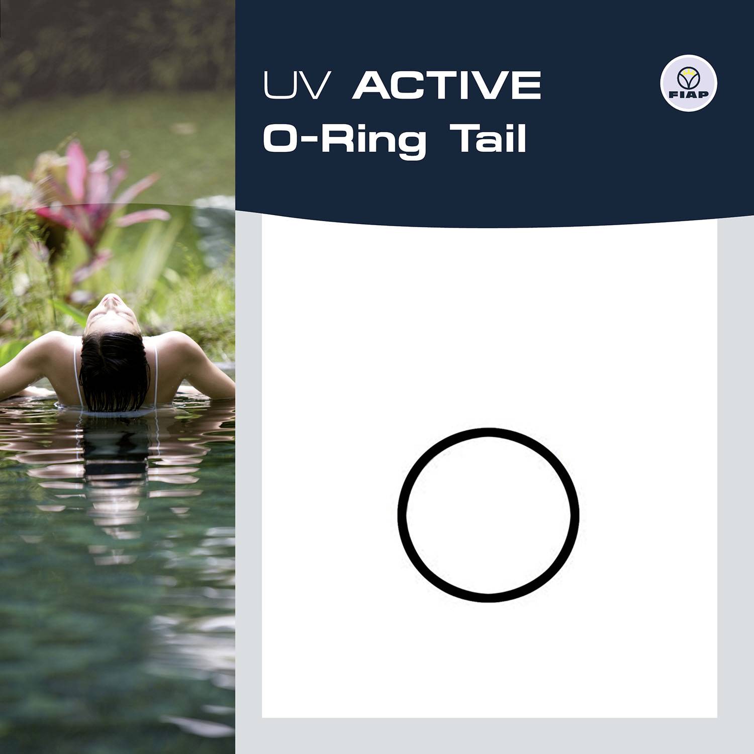 'Uv Active O-Ring Tail' zeigt eine Person, die rücklings im Wasser liegt, sowie eine Abbildung eines Kreises auf der rechten Seite.