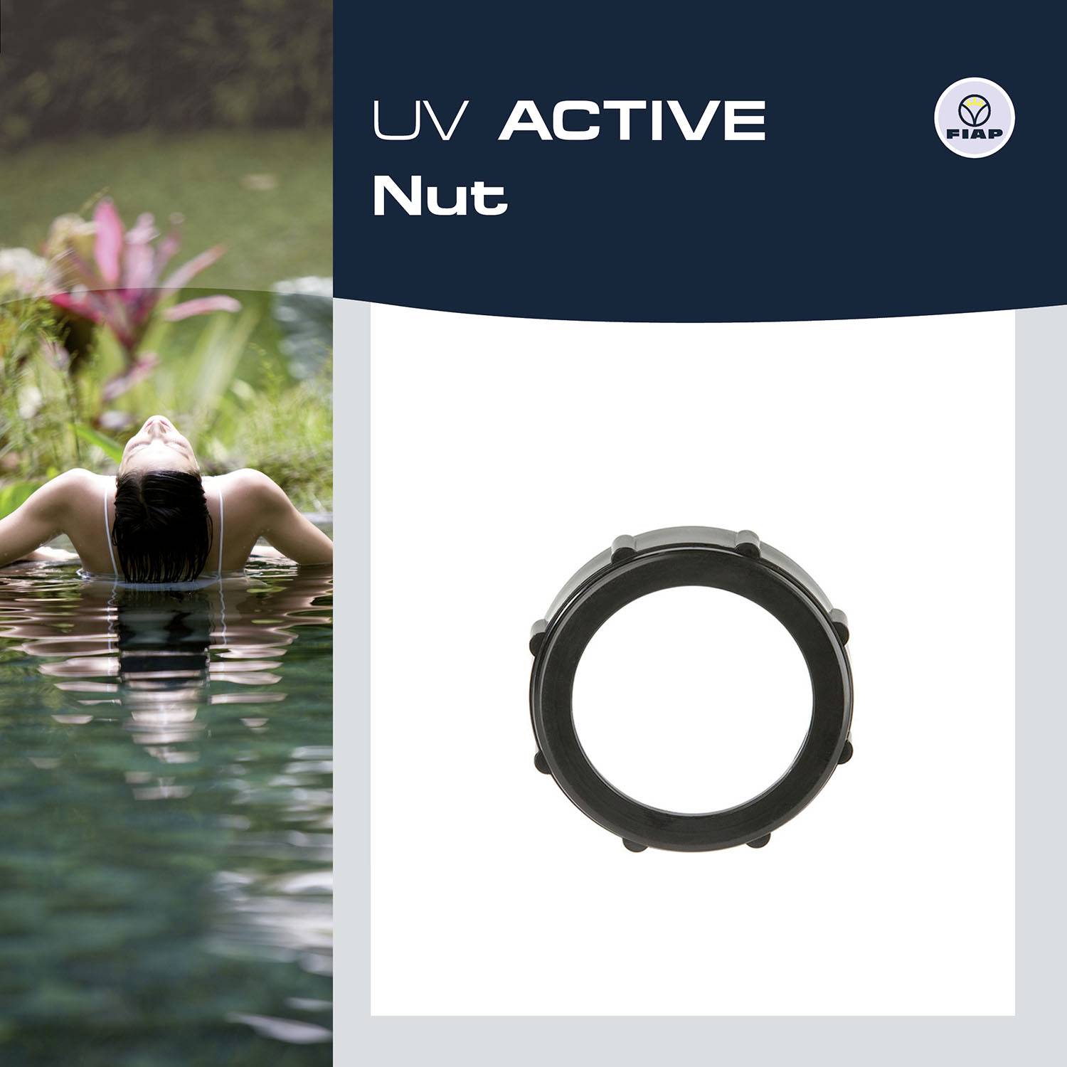 'UV ACTIVE Nut' steht auf der Verpackung. Rechts abgebildet ist eine schwarze Mutter. Links ist ein entspannender Mensch im Pool.