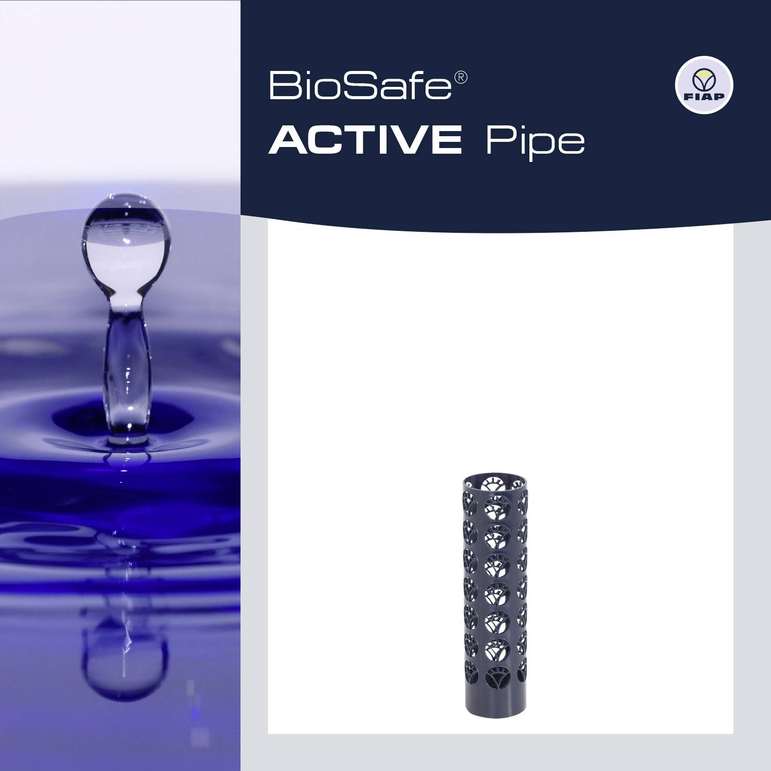 'BioSafe ACTIVE Pipe' und ein hochglänzender, perforierter Rohrabschnitt vor weißem Hintergrund dargestellt.