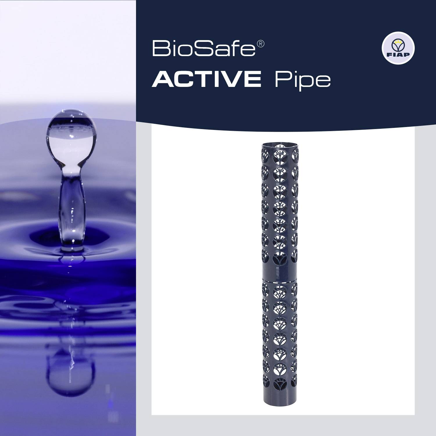 'BioSafe ACTIVE Pipe' Werbegrafik mit Abbildung eines grauen Rohres und eines Wasserplätscherns. Markenlogo oben rechts.