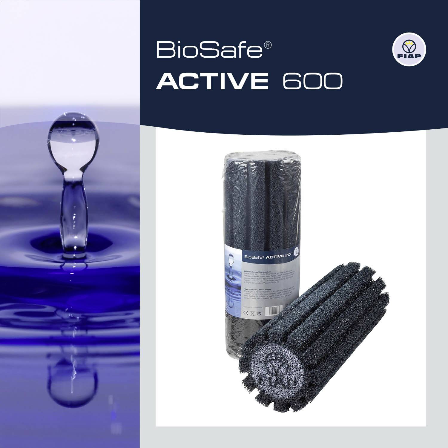 Zwei Bilder: Links Wassertropfen spritzend auf Oberfläche; rechts ein schwarzer, zylindrischer Filterschaum von BioSafe Active 600.