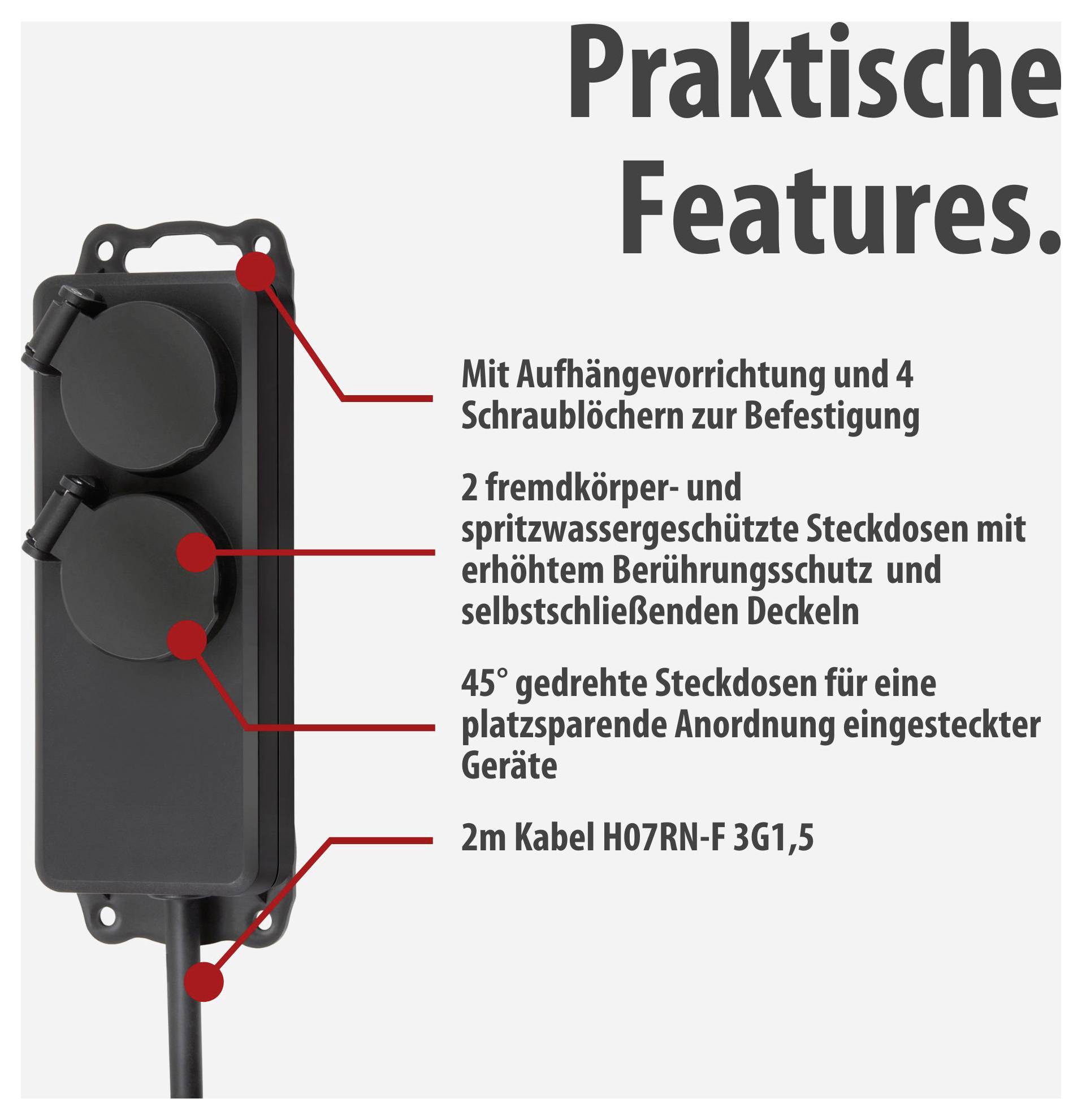 Abbildung einer schwarzen Außen-Steckdosenleiste mit Titel 'Praktische Features.'; genannt werden Aufhängevorrichtung, 4 Schraublöcher, 2 spritzwassergeschützte Steckdosen, 45°-Anordnung und 2 m Kabel.