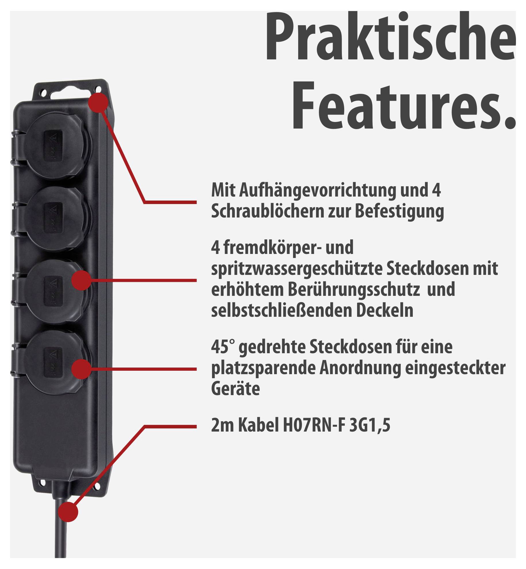Produktgrafik einer schwarzen 4-fach-Steckdosenleiste mit den Merkmalen: Aufhängevorrichtung, 4 Schraublöcher, spritzwassergeschützte Steckdosen mit Deckeln, 45°-Anordnung und 2 m Kabel H07RN-F 3G1,5.