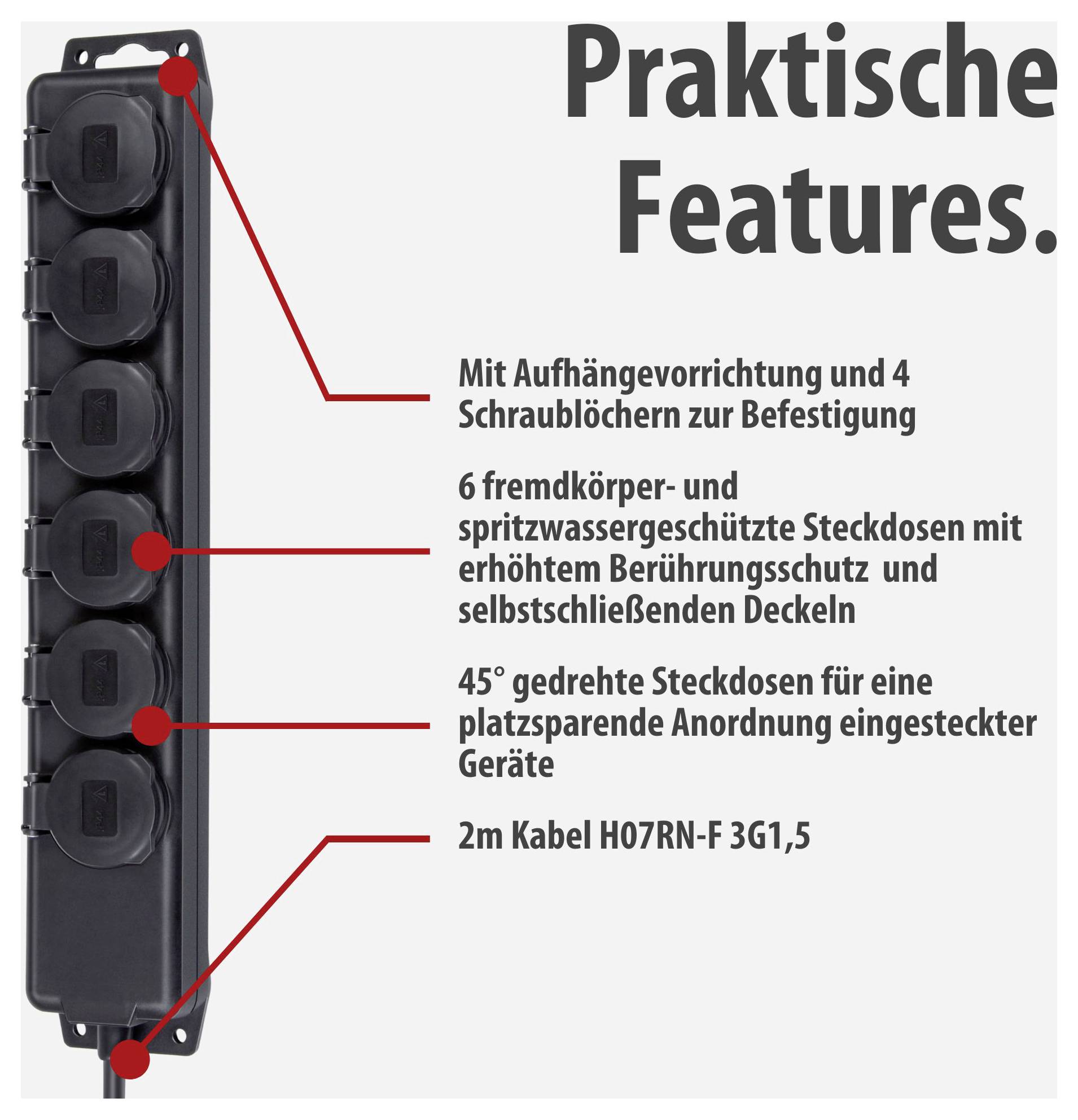 Mehrfachsteckdose mit 6 schräg gedrehten, spritzwassergeschützten Steckdosen; Text nennt Aufhängevorrichtung, 4 Schraublöcher und 2 m Kabel.