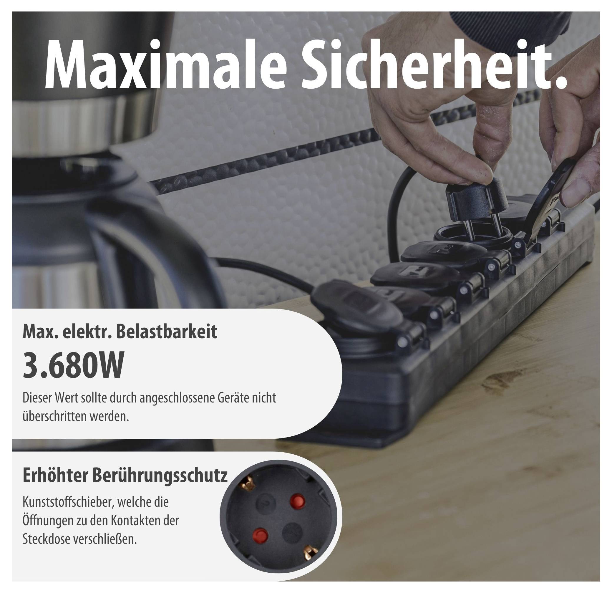 Werbung für eine Steckdosenleiste mit Hinweis 'Maximale Sicherheit': max. elektrische Belastbarkeit 3.680 W und erhöhter Berührungsschutz.