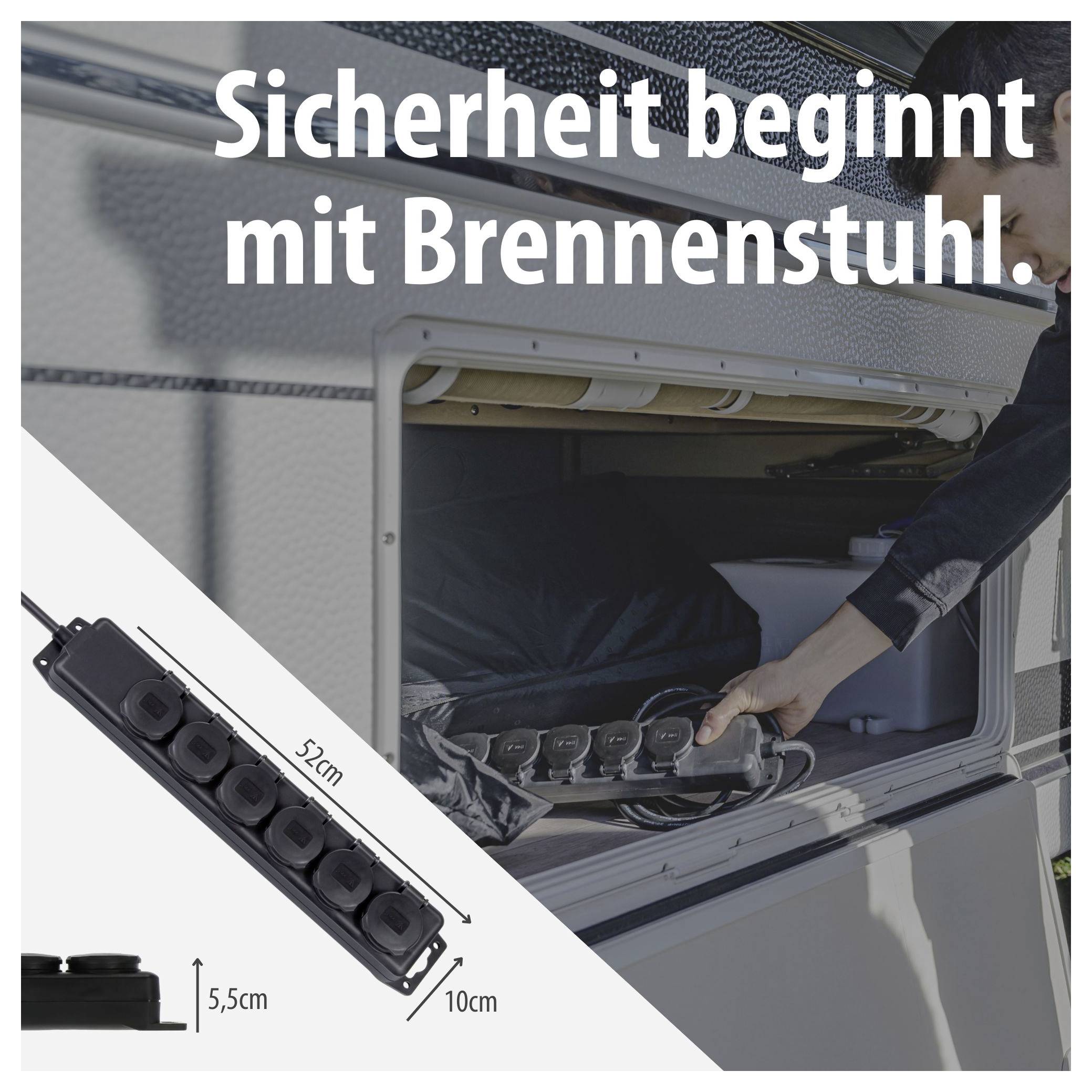 Werbung für Brennenstuhl: Person nutzt eine Steckdosenleiste im geöffneten Wohnmobil; Text 'Sicherheit beginnt mit Brennenstuhl.'