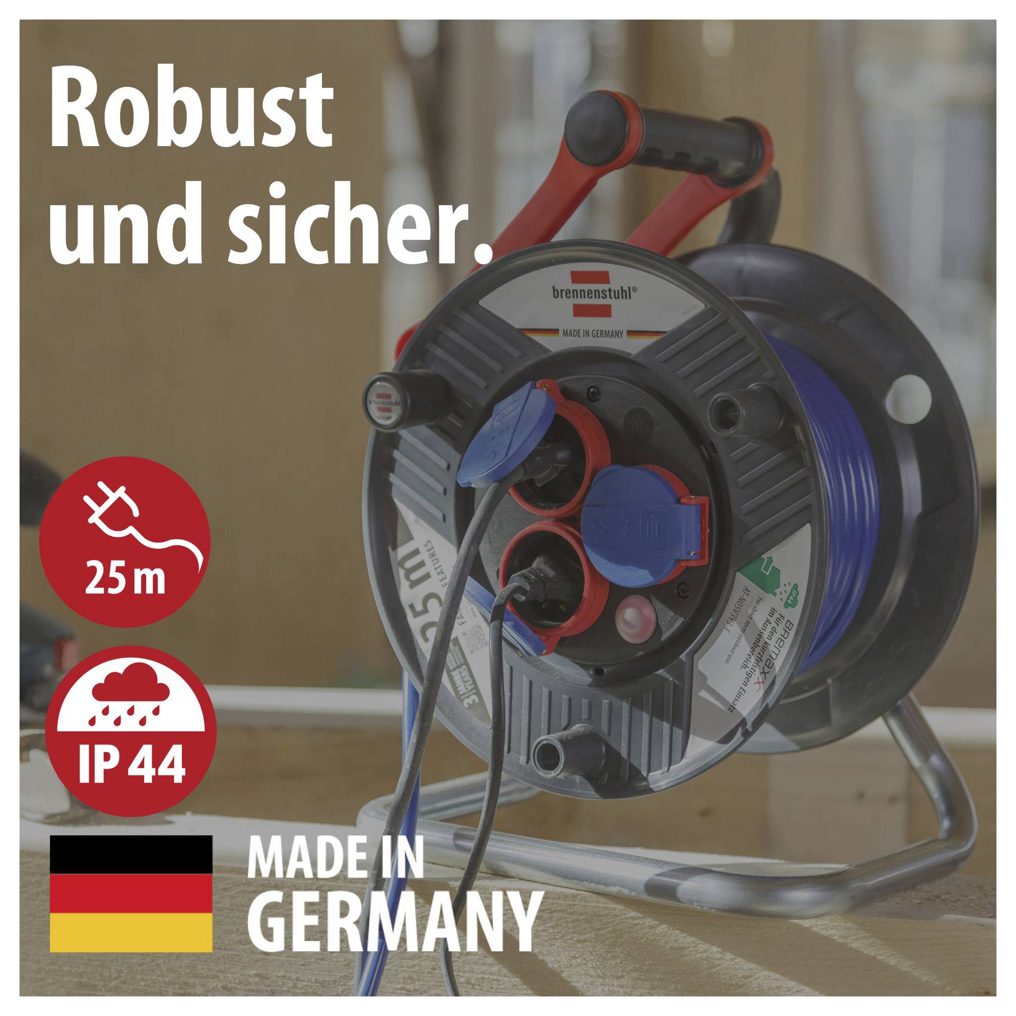Kabeltrommel auf Metallständer mit Aufdruck 'Robust und sicher.', Symbolen für 25 m und IP44 sowie 'Made in Germany'.