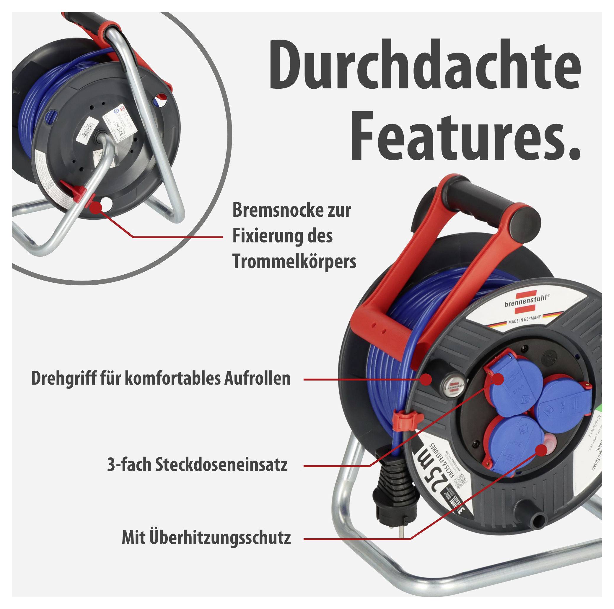 Werbegrafik einer Kabeltrommel mit 'Durchdachte Features': Bremsnocke, Drehgriff, 3-fach Steckdoseneinsatz und Überhitzungsschutz hervorgehoben.