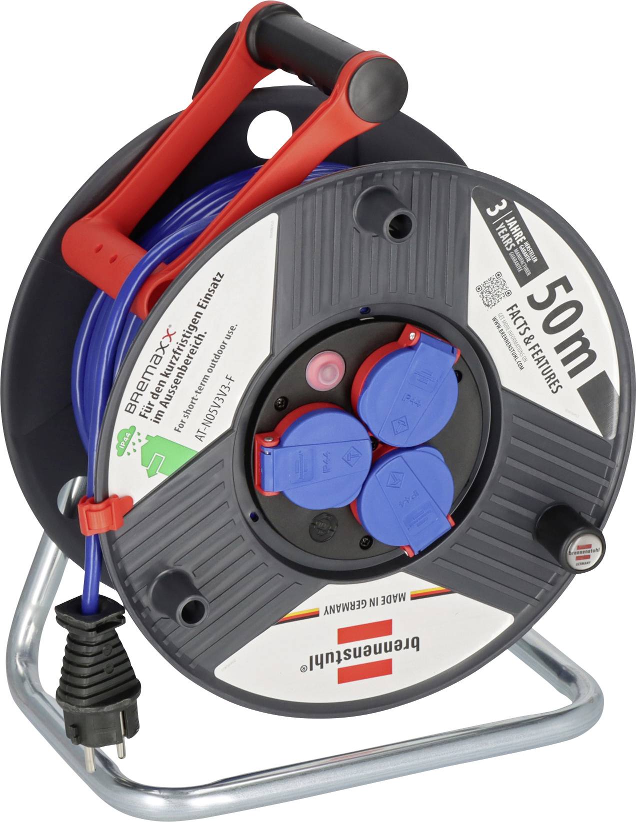 Tragbare Kabeltrommel mit 50 m blauem Kabel, drei Steckdosen und rotem Tragegriff auf einem Metallständer.