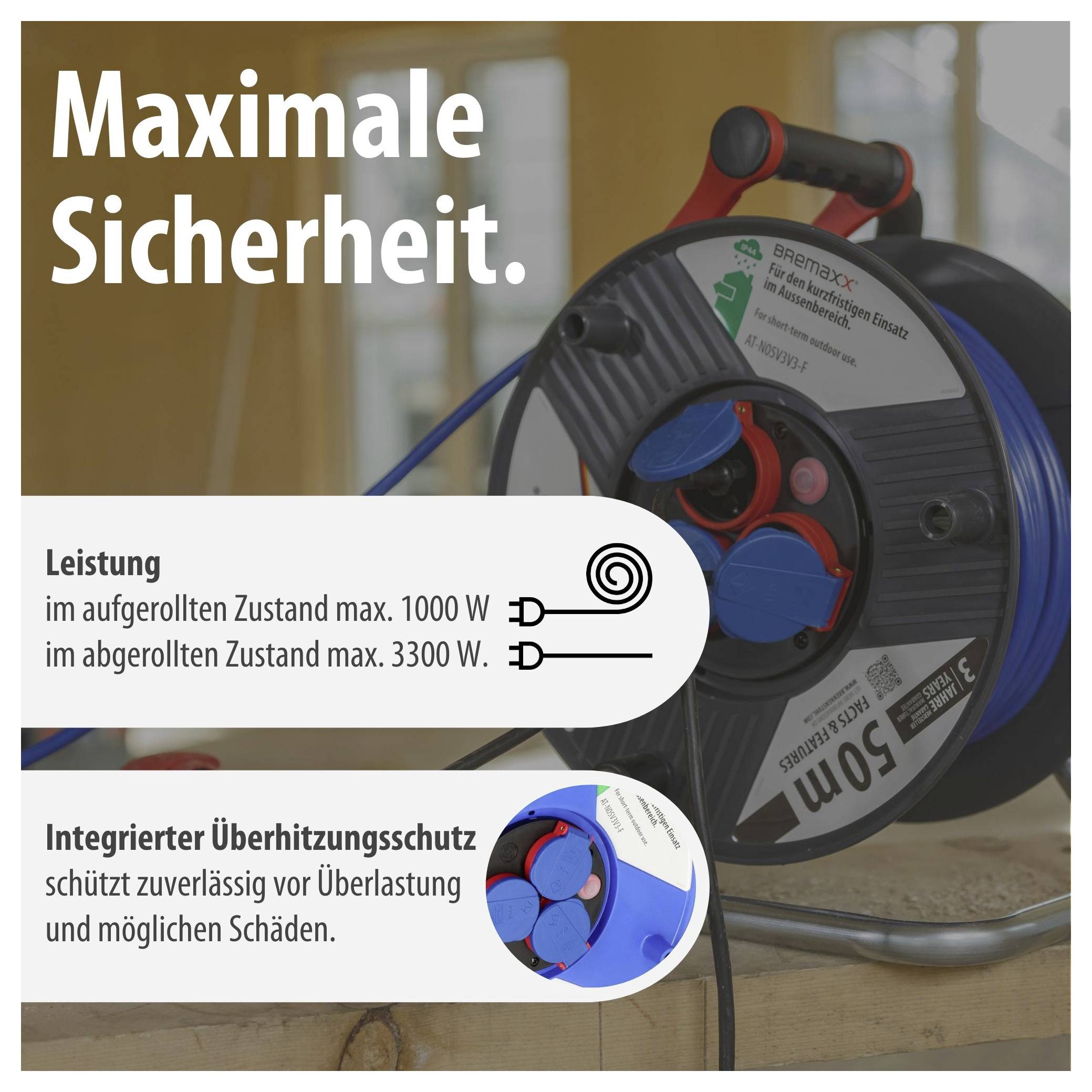 Werbeplakat für ein Kabelaufrollsystem: 'Maximale Sicherheit.' mit Leistungsangaben 1000 W aufgerollt und 3300 W abgerollt sowie integriertem Überhitzungsschutz.