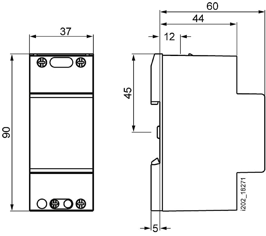 Technische Zeichnung eines elektrischen Bauteils mit Maßen: 90 mm Höhe, 37 mm Breite, 60 mm Tiefe. Seitliche Ansicht zeigt Details.