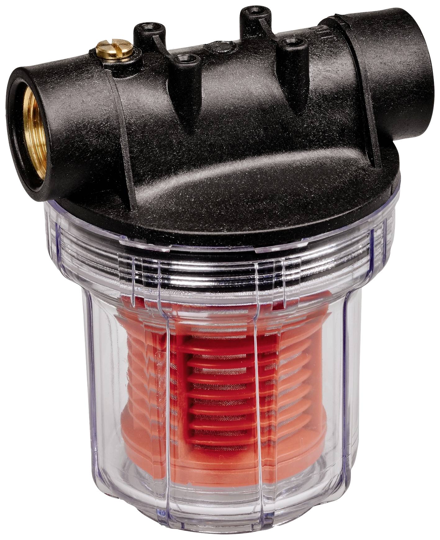 Ein durchsichtiger Wasserfilter mit schwarzer Kappe und rotem Filtereinsatz. Geeignet zur Reinigung von Wasserleitungen.