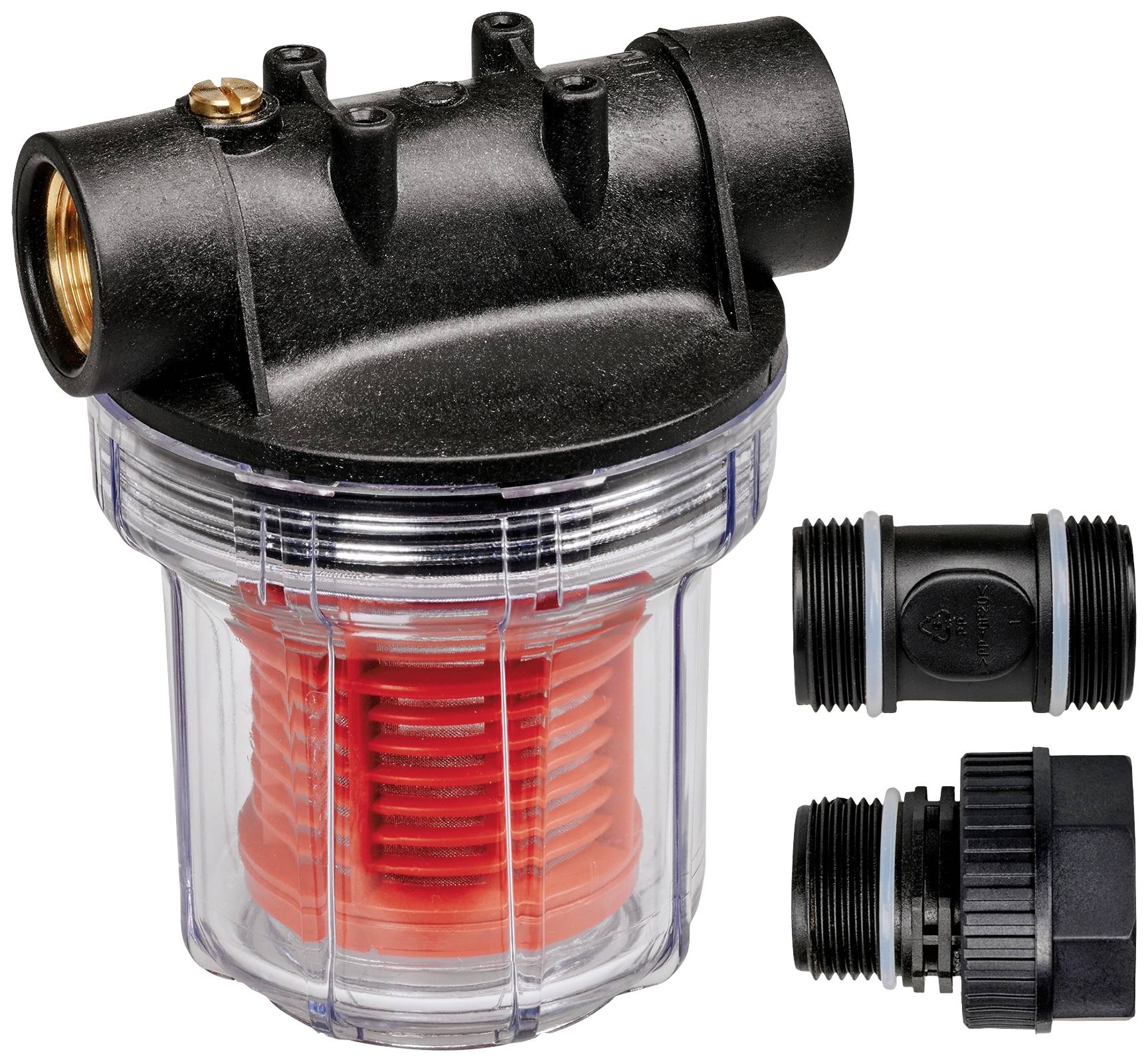 Transparenter Wasserfilter mit rotem Einsatz, Anschlussstücken aus Kunststoff und Metall. Geeignet für den Schutz von Pumpen.