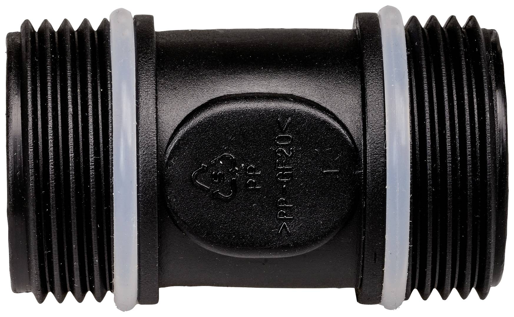 Schwarzer Kunststoff-Doppelnippel mit Außengewinden an beiden Enden, verwendet zum Verbinden von Rohren.