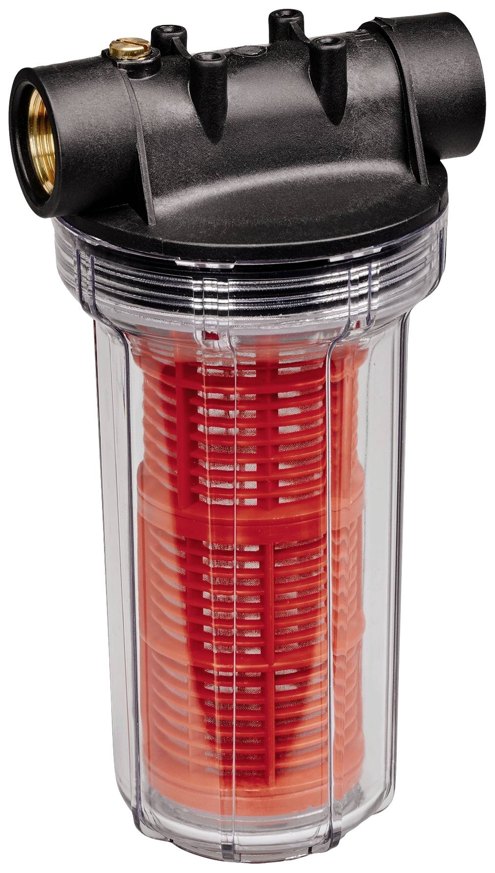 Ein transparenter Wasserfilter mit rotem Einsatz und schwarzem Anschlussstück, zur Reinigung von Wasserleitungen in Haushalten.