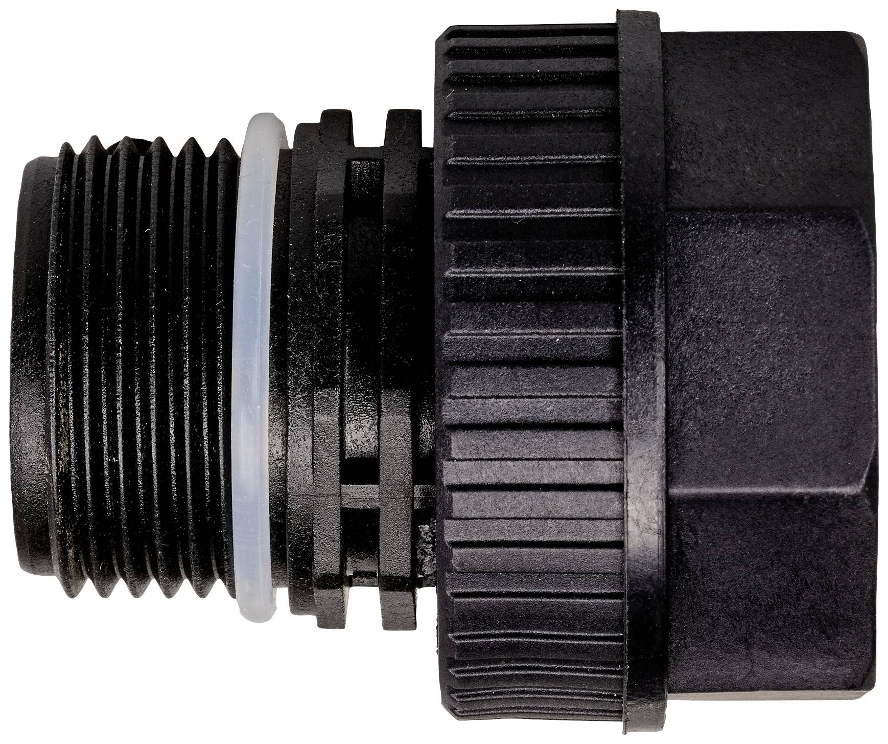 Schwarzer Kunststoffadapter für Rohrverbindungen, mit Gewinde und Dichtung, geeignet für Sanitäranwendungen.