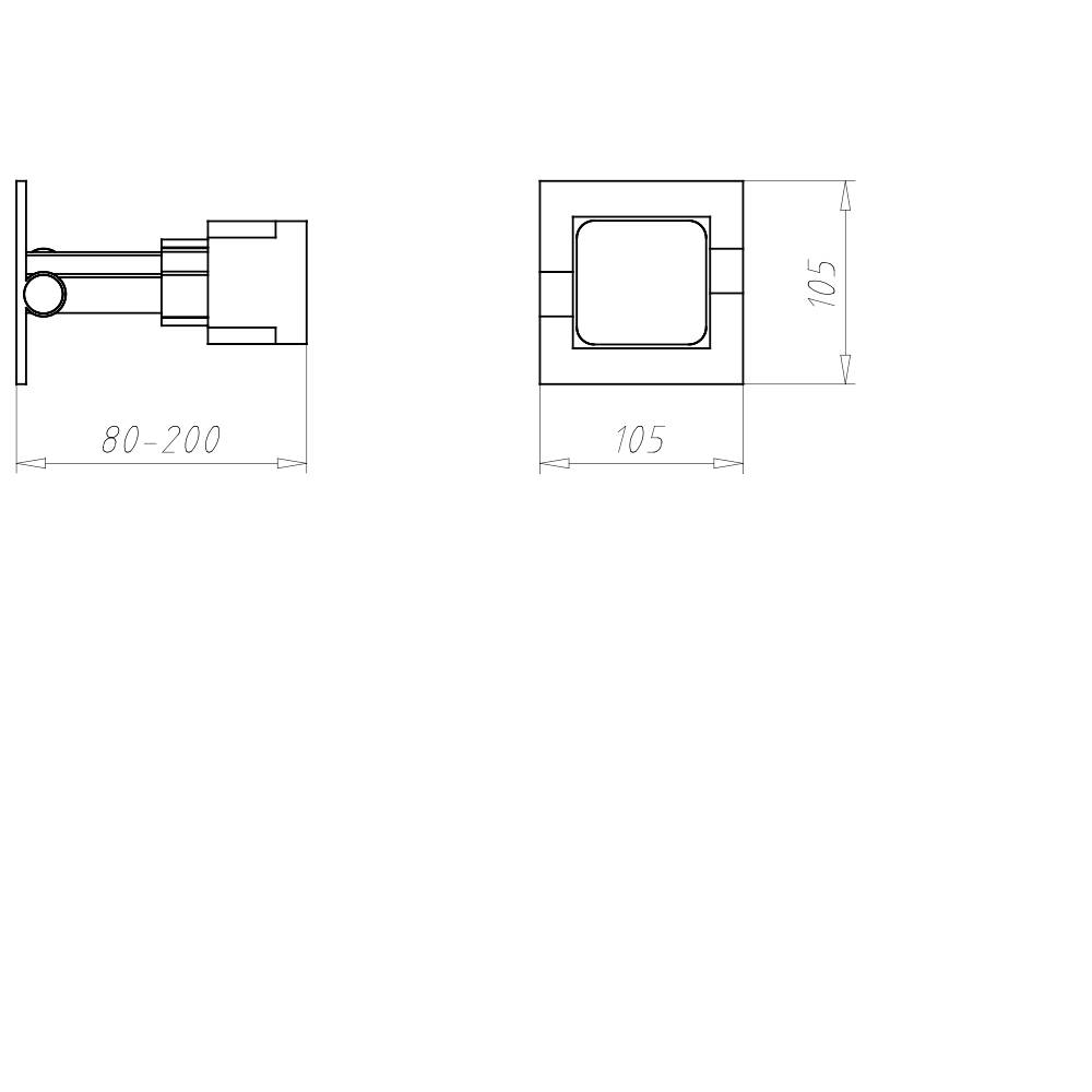 Diagramm einer ausziehbaren Teleskoparmhalterung mit Maßen: Länge 80-200 mm, Höhe 105 mm. Rechteckige Basis von 105 x 105 mm.
