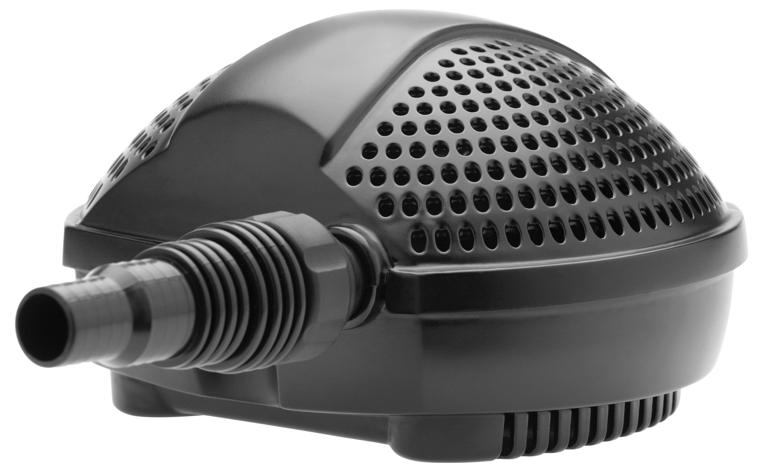 Eine schwarze, kuppelförmige Wasserpumpe mit Düse und gelochter Oberfläche, die für eine effiziente Wasserzirkulation in Teichen oder Wasserelementen konzipiert ist.