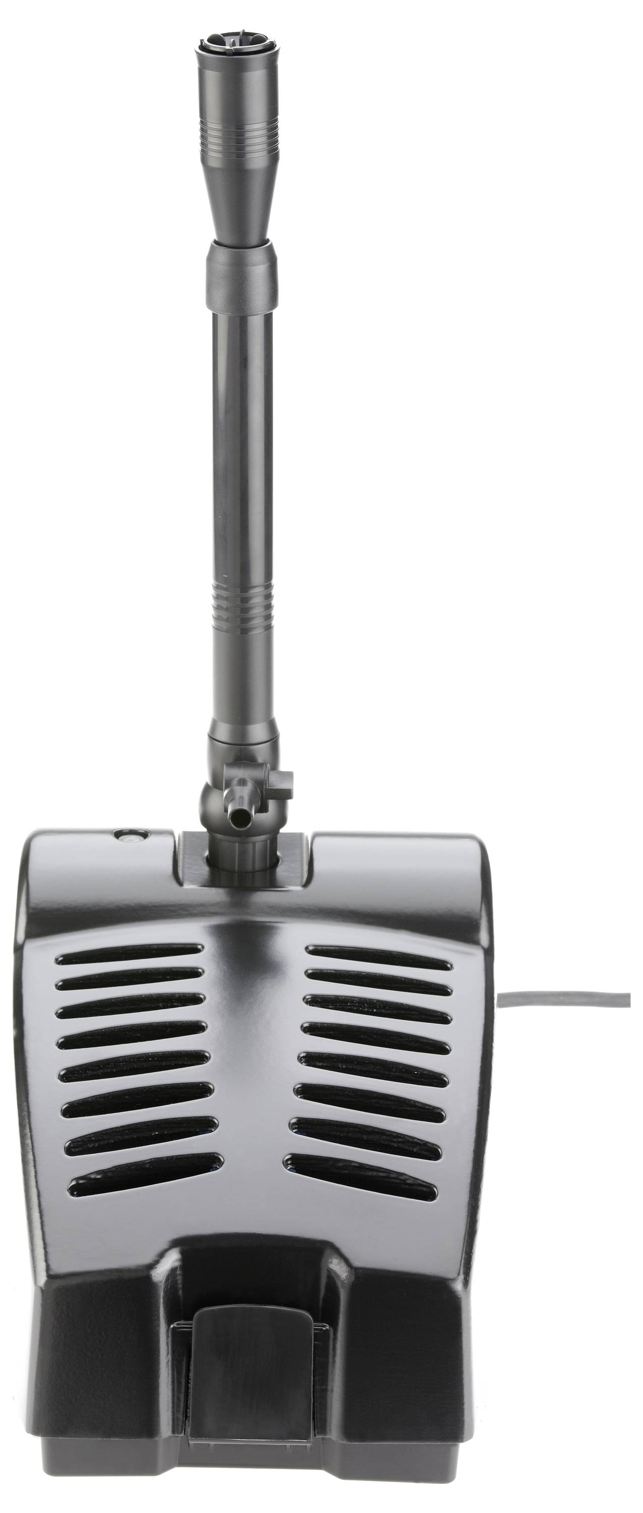 Eine schwarze Wasserpumpe mit vertikalen Schlitzen und einer verstellbaren Düse, verwendet für Aquarien oder Wasserspiele, vor einem weißen Hintergrund.