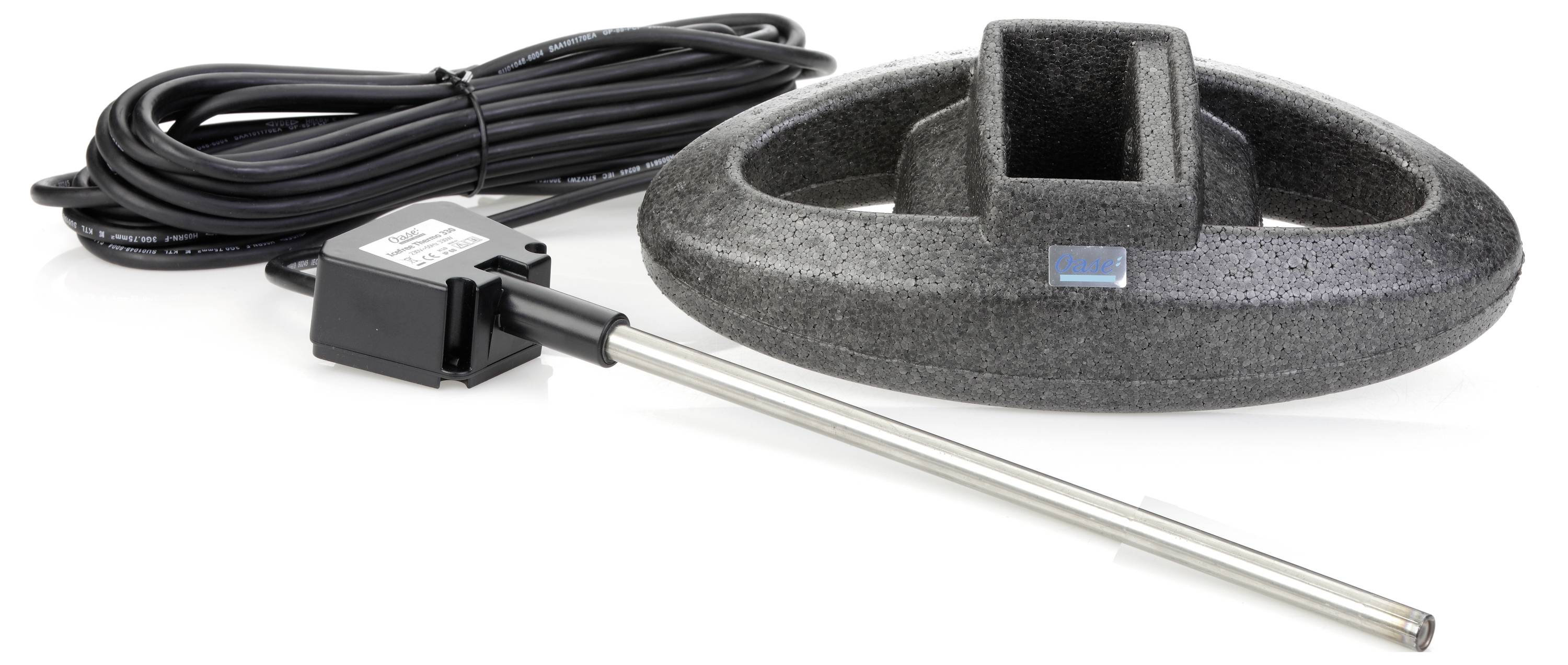 Ein runder, schwarzer Schwimmkörper und eine lange Metallsonde mit schwarzem Kabel. Der Aufbau scheint zur Temperatur- oder Niveaumessung in flüssigen Umgebungen zu dienen.