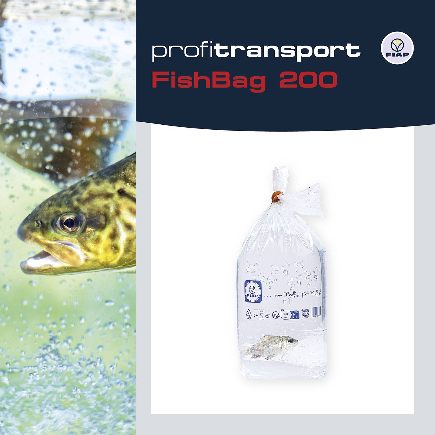 Die Abbildung zeigt ein Produkt namens 'FishBag 200' von Profitransport, geeignet für den sicheren Fischtransport.