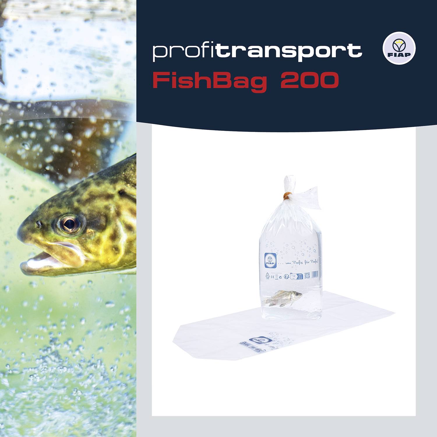 Ein Fisch schwimmt im Wasser. Rechts vom Fisch ist ein Produktbild der 'FishBag 200' von der Marke FIAP abgebildet.