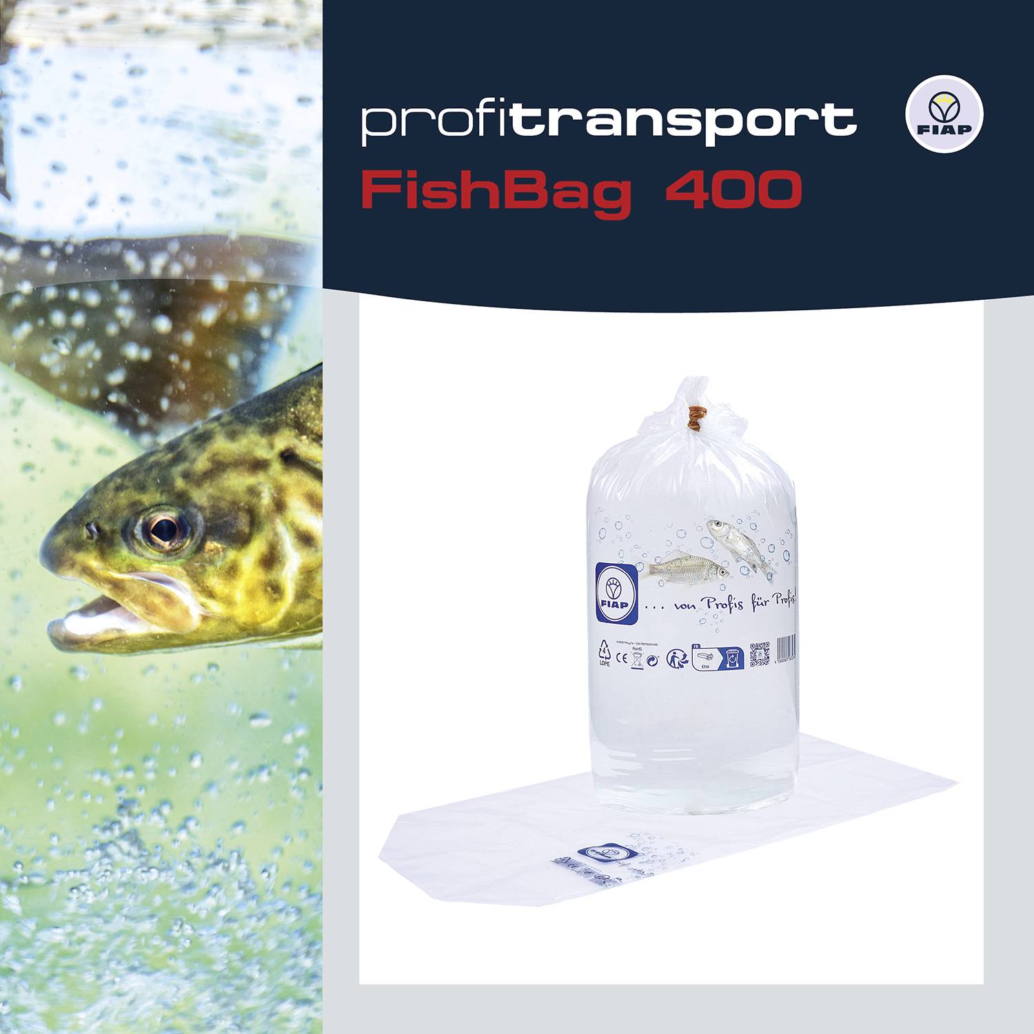'FishBag 400' zeigt einen großen Plastikbeutel mit Wasser, geeignet für den Fischtransport, beschriftet mit Transport- und Lagerhinweisen.